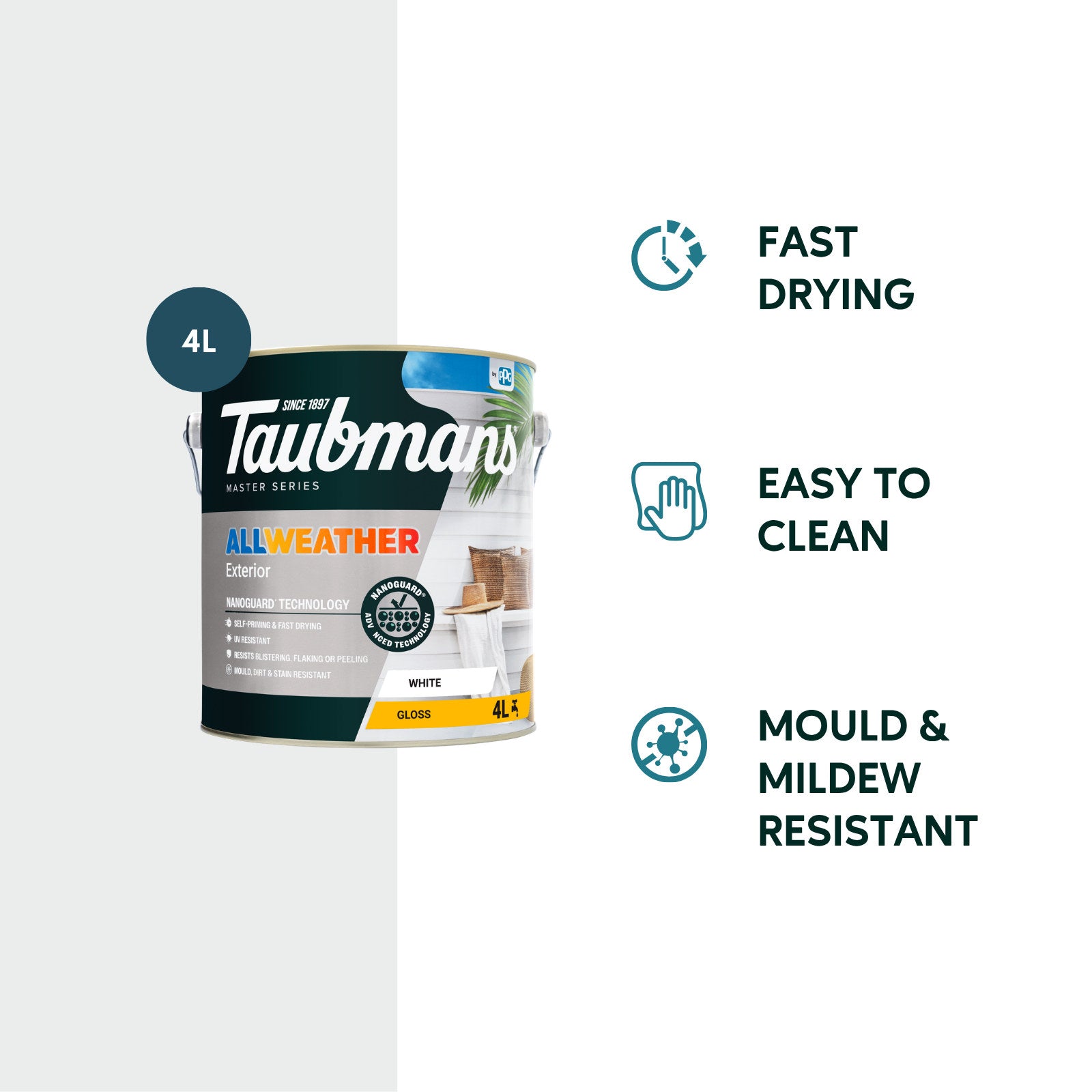 Taubmans 4L White Gloss All Weather Exterior Paint Water Based UV Resistant