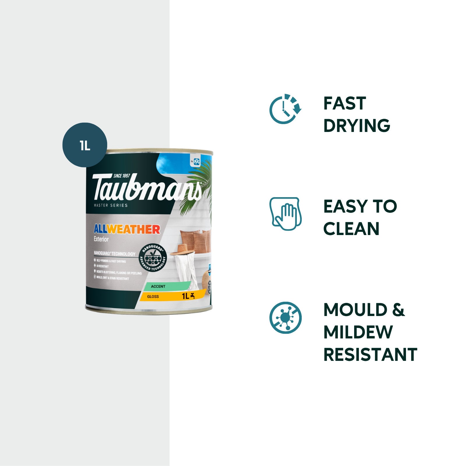 Taubmans 1L Accent Gloss All Weather Exterior Paint Water Based UV Resistant
