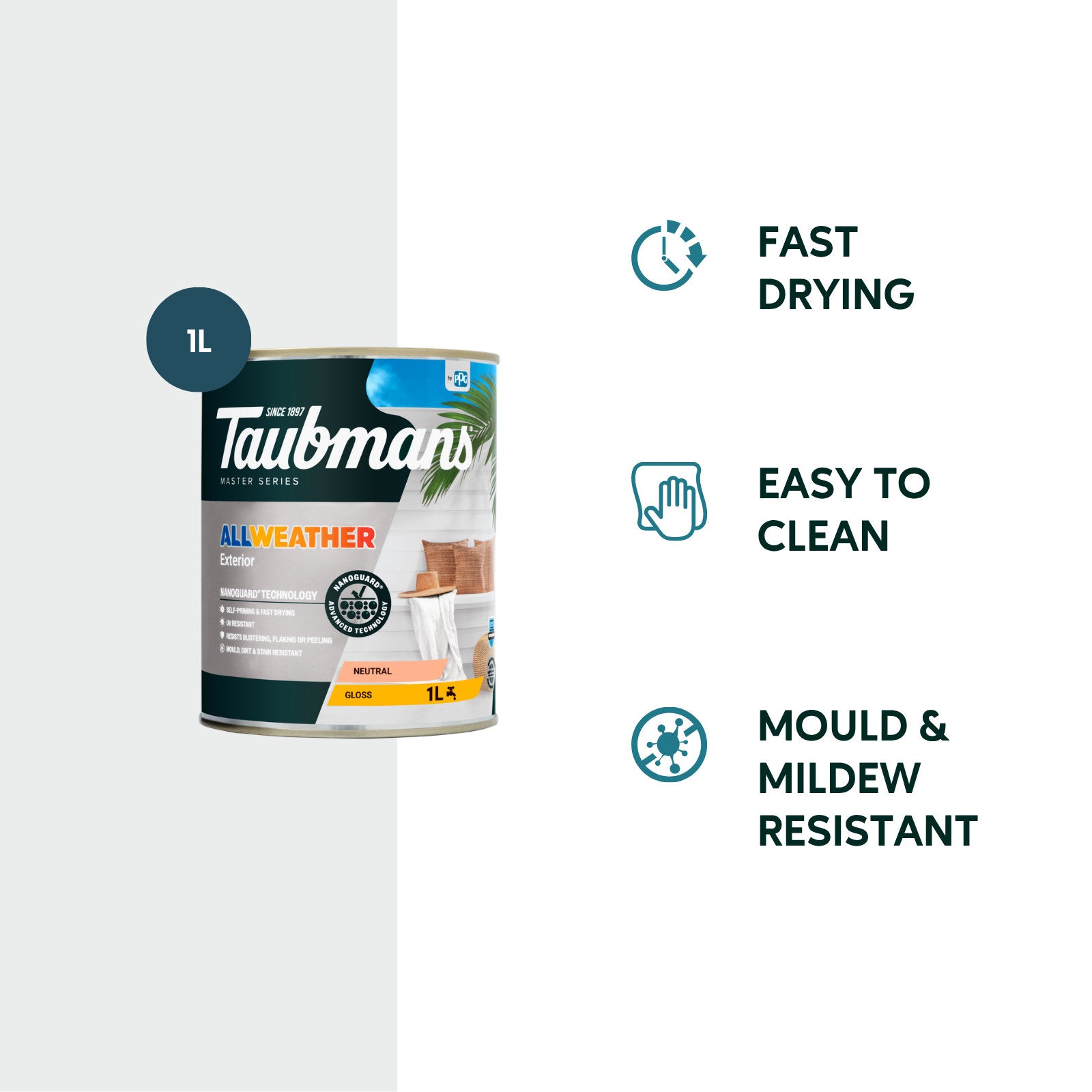 Taubmans 1L Neutral Gloss All Weather Exterior Paint Water Based UV Resistant