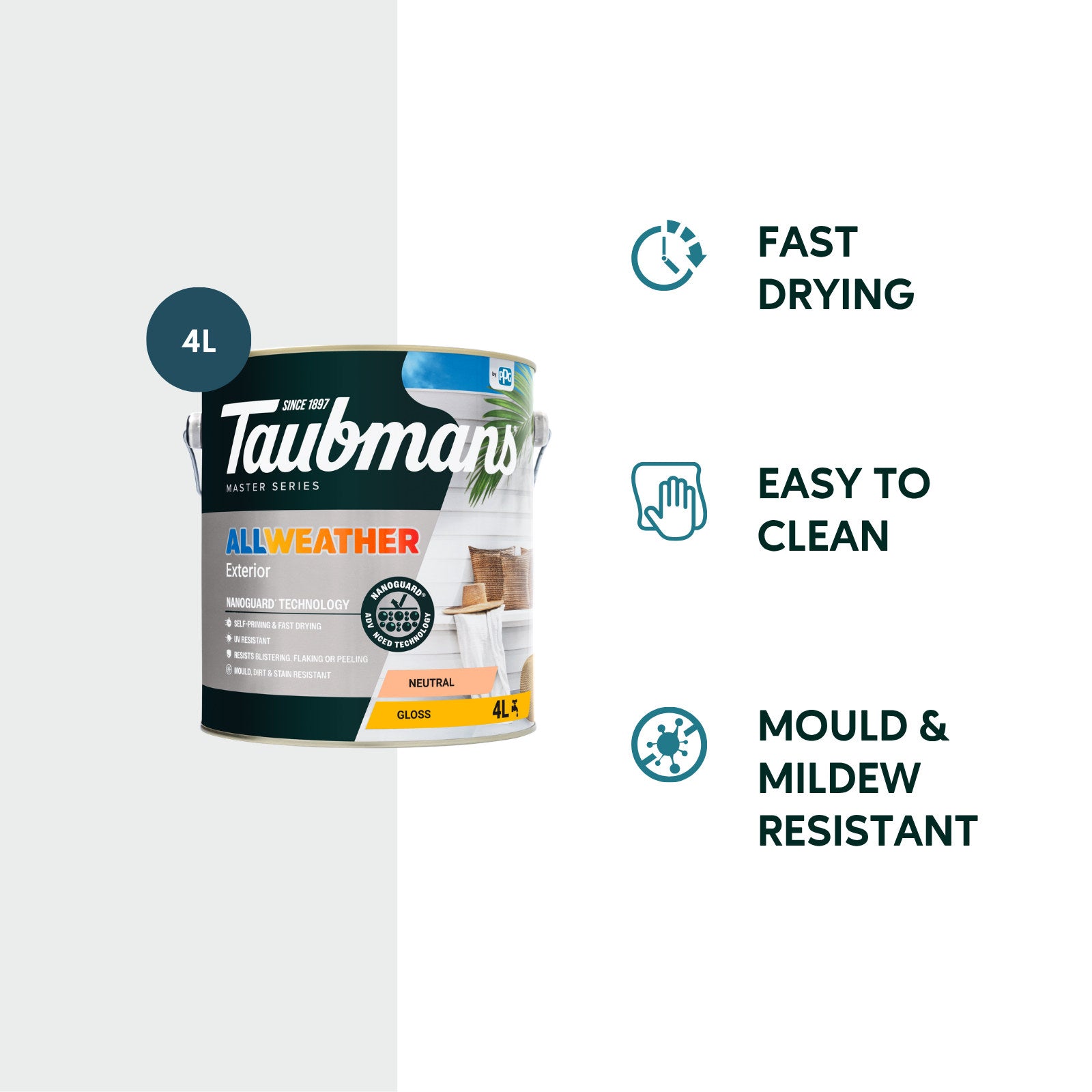 Taubmans 4L Neutral Gloss All Weather Exterior Paint Water Based UV Resistant
