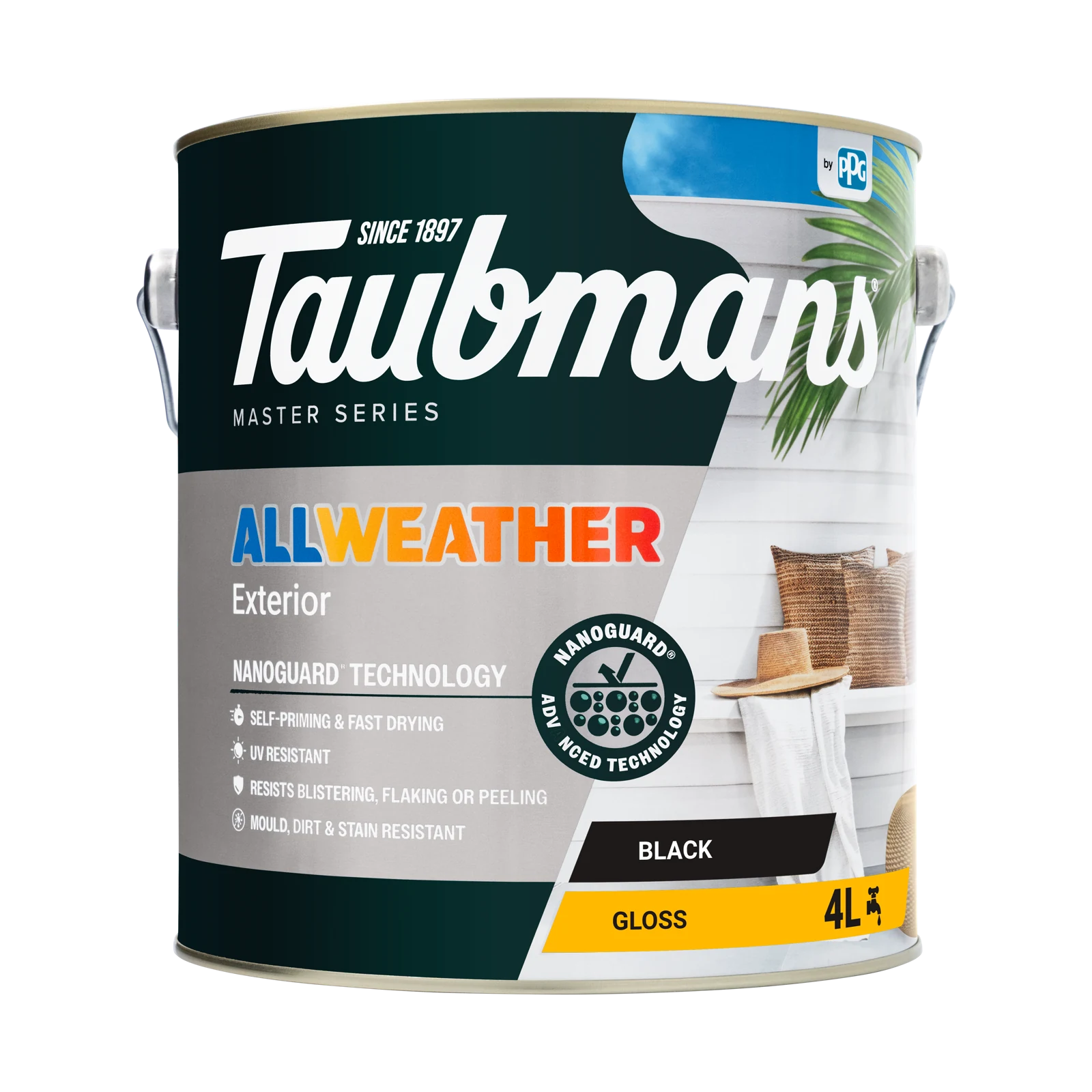 Taubmans 4L Black Gloss All Weather Exterior Paint Water Based UV Resistant