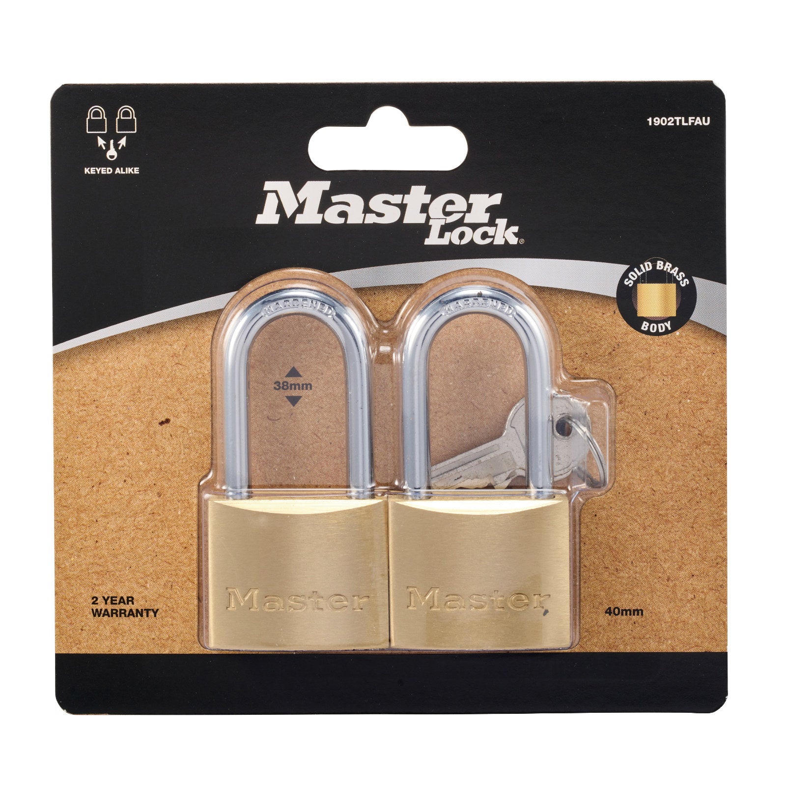 Master Lock 40mm Long Shackle Brass Padlock 2 Pack 1902TLFAU