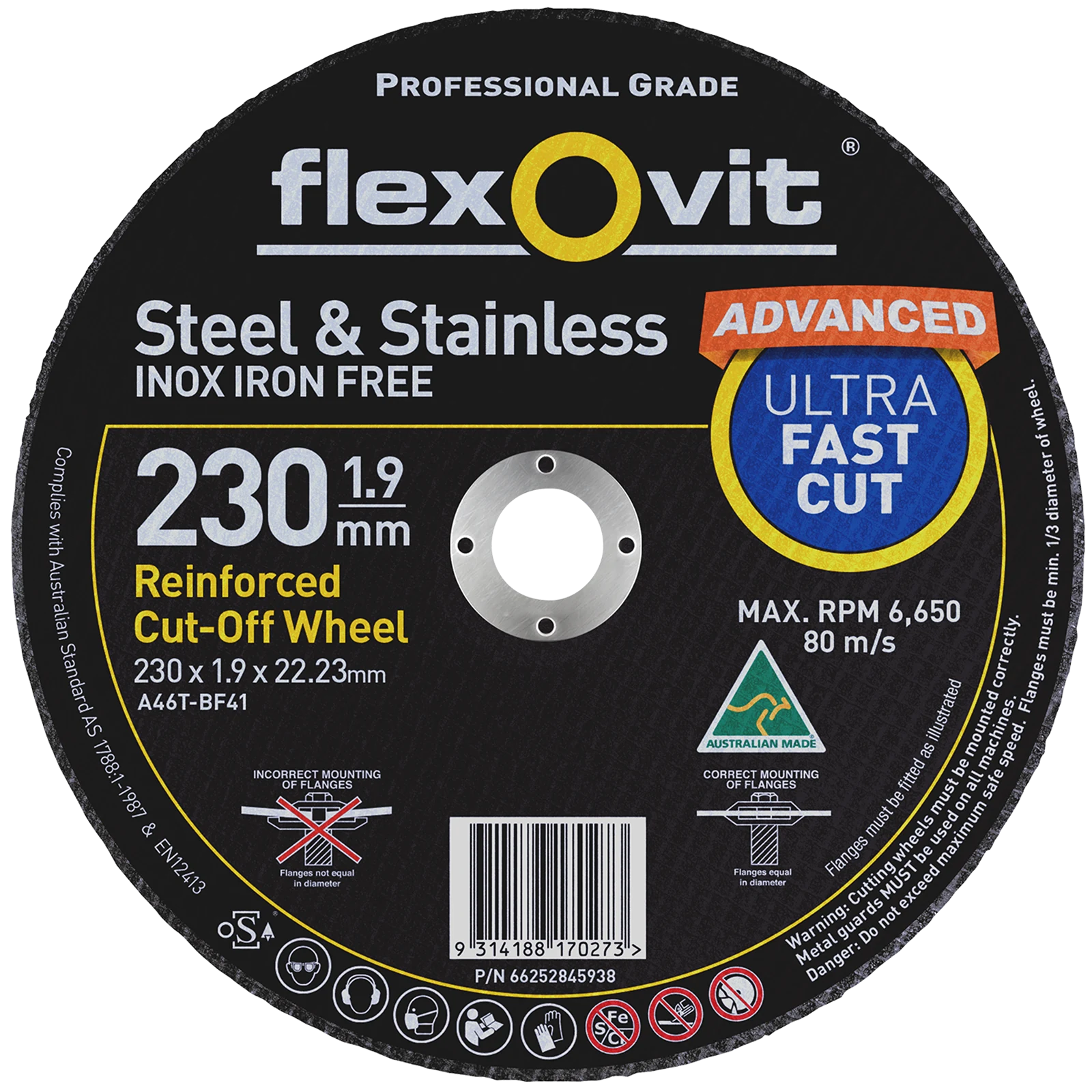Flexovit 230 x 1.9 x 22.23mm Black Metal Cut Off Wheel