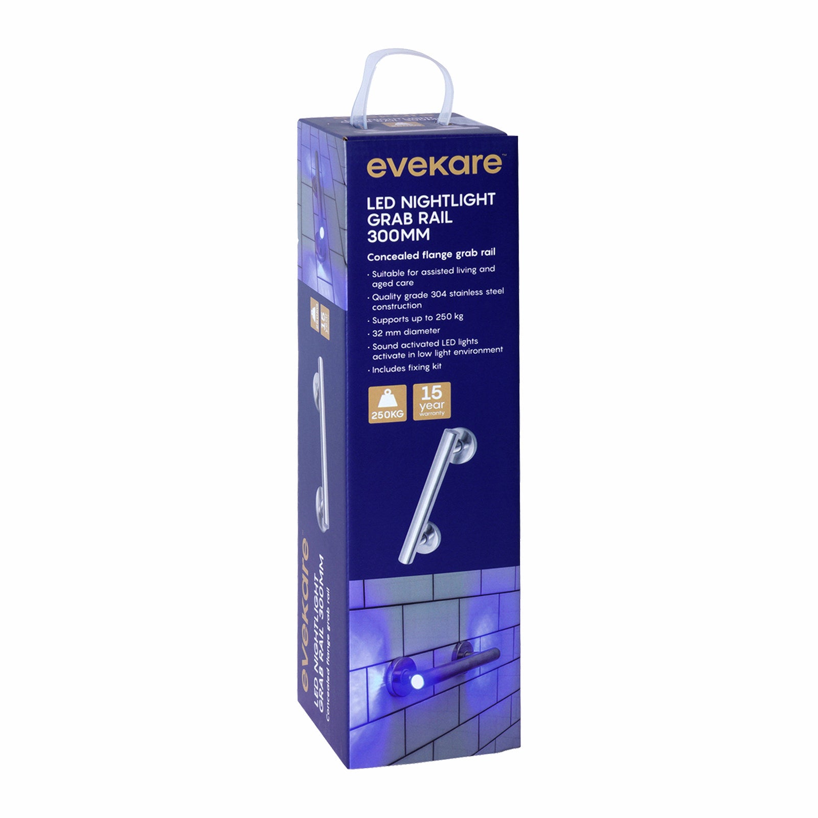 evekare 300mm Polished Grade 304 Stainless Steel LED Night Light Grab Rail 250kg Capacity