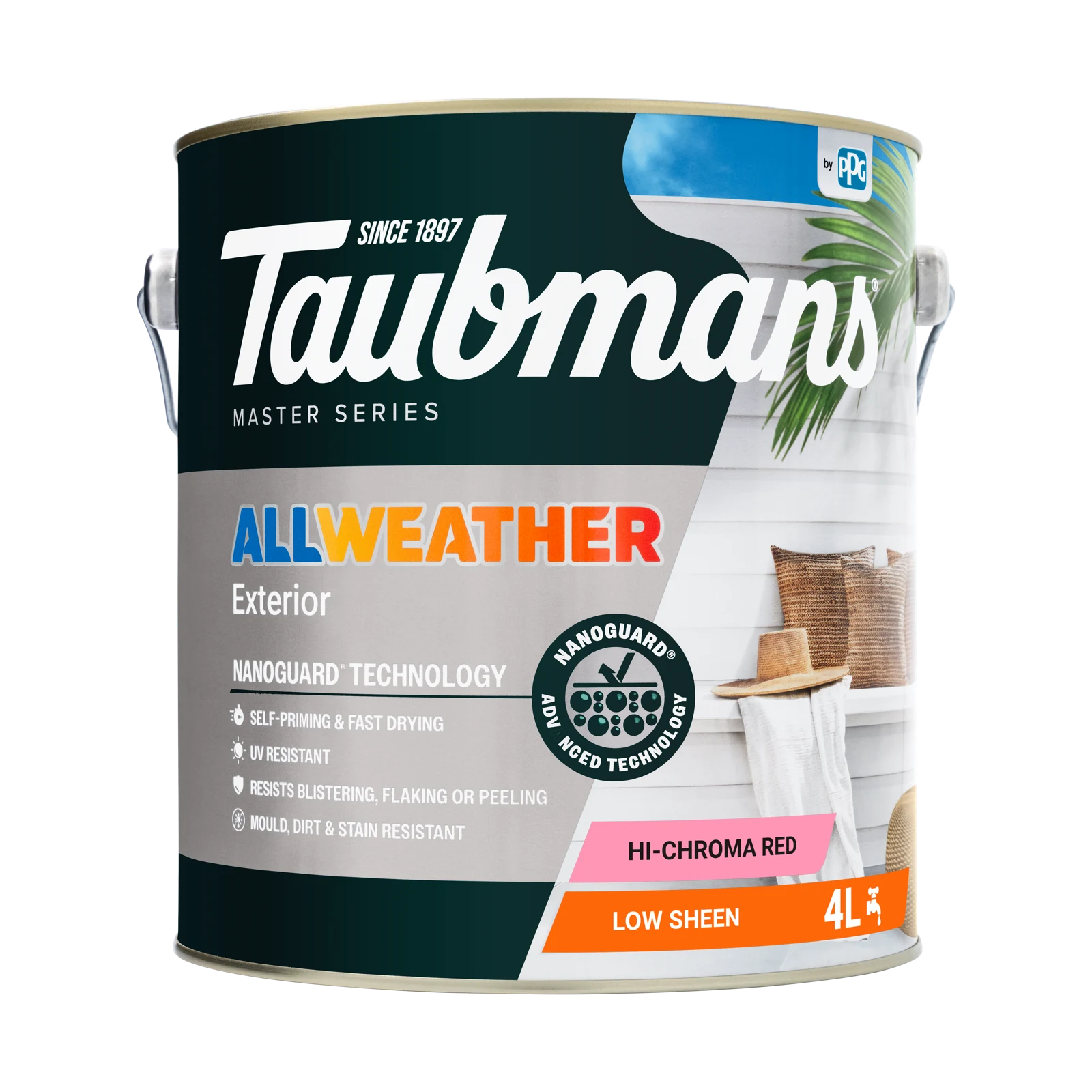 Taubmans 4L Hi-C Red Water Based Acrylic Low Sheen All Weather Exterior Paint UV and Waterproof