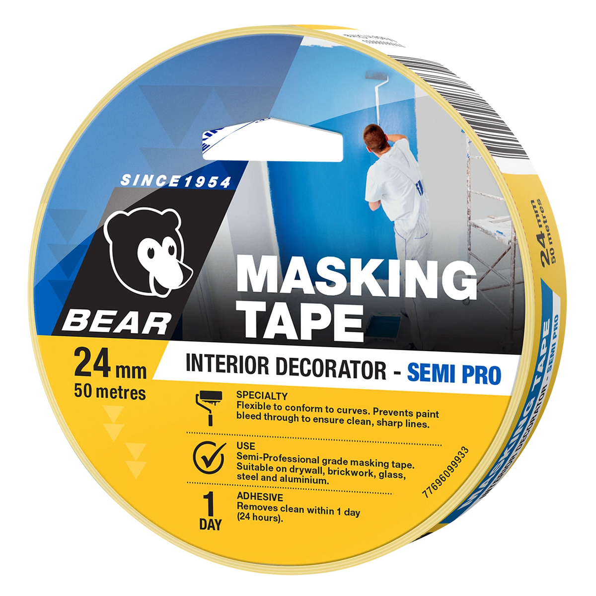 Bear 24mm x 50m Yellow Crepe Paper Interior Decorator Masking Tape