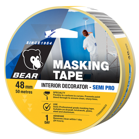 Bear 48mm x 50m Interior Decorator Masking Tape Yellow Crepe Paper UV Resistant