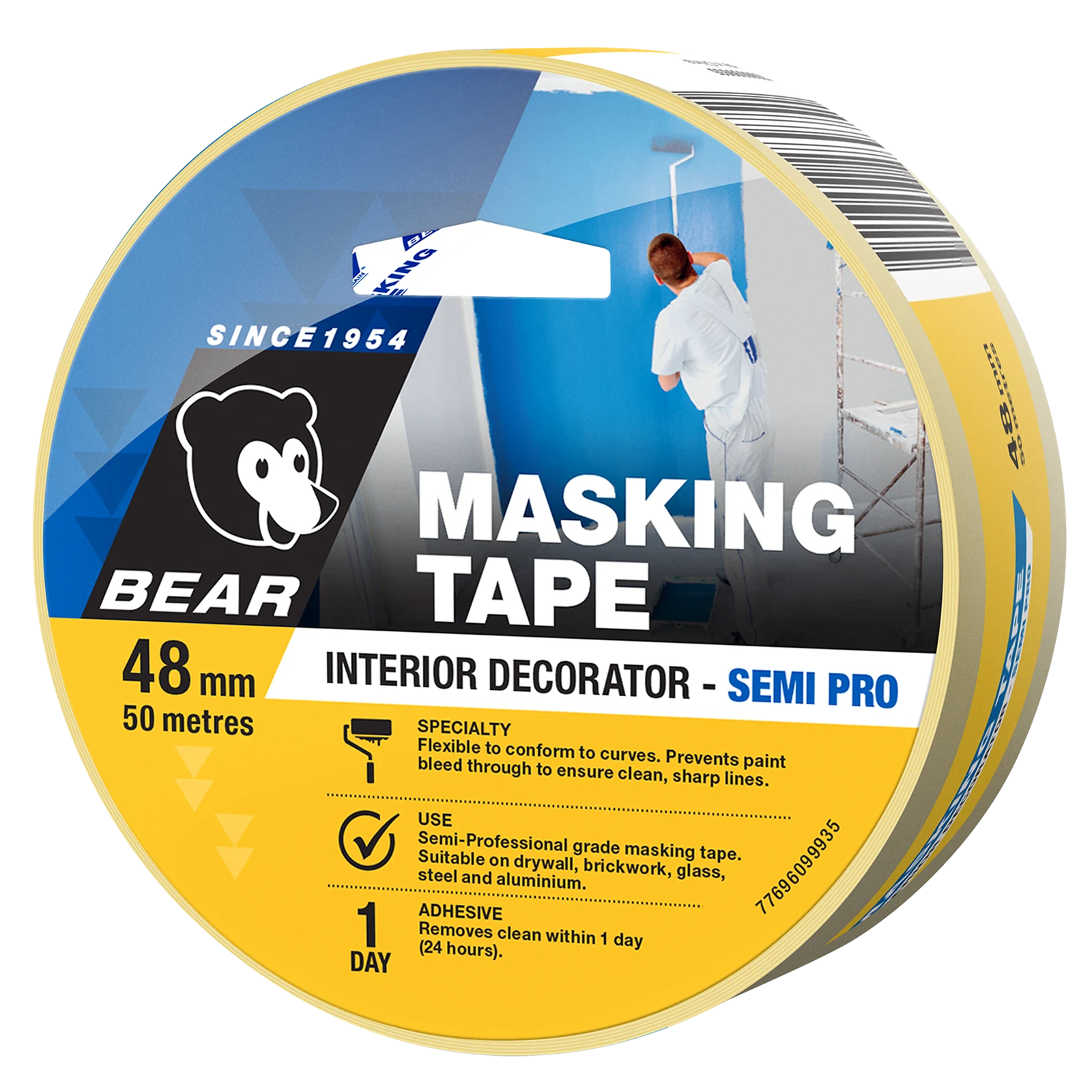 Bear 48mm x 50m Interior Decorator Masking Tape Yellow Crepe Paper UV Resistant