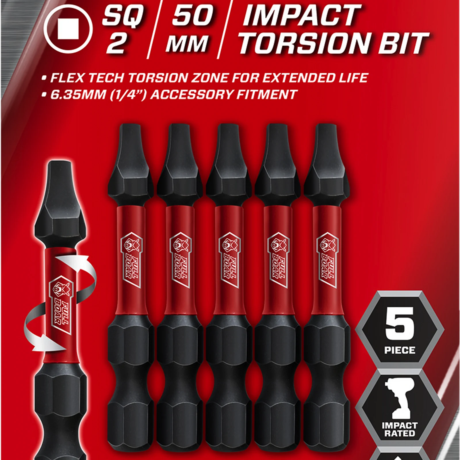 Full Boar SQ2 x 50mm Impact Torsion Bit 5 Pack S2 Steel