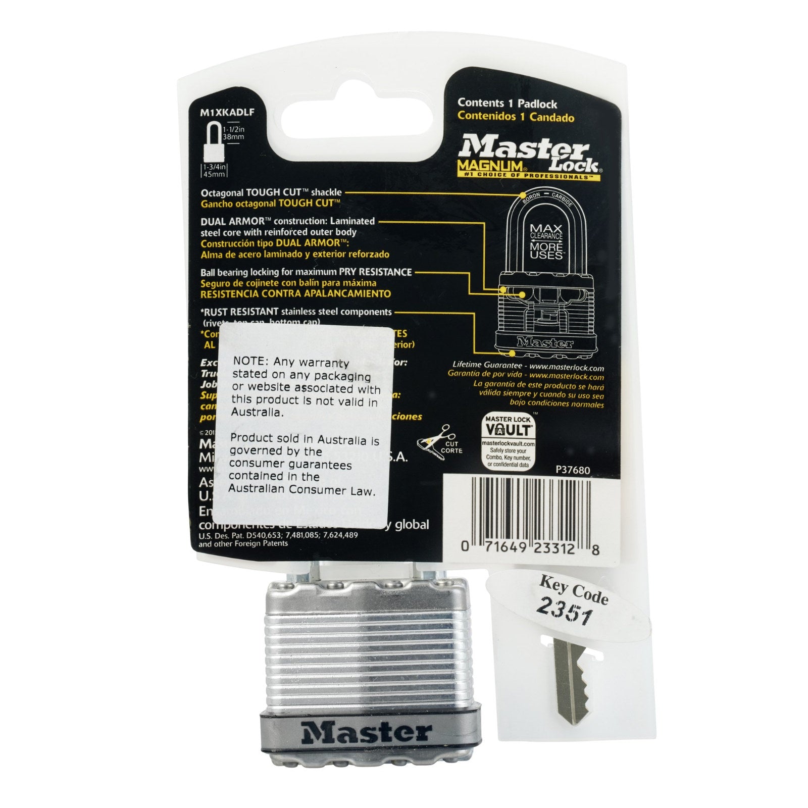 Master Lock 45mm Magnum Laminated Steel Padlock 38mm Long Shackle
