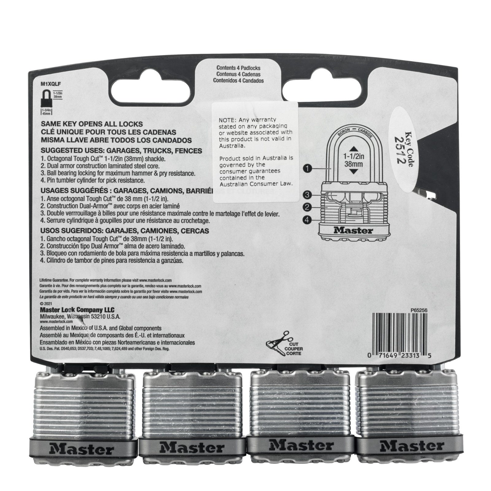 Master Lock 45mm Magnum Laminated Steel Padlock 38mm Long Shackle 4 Pack