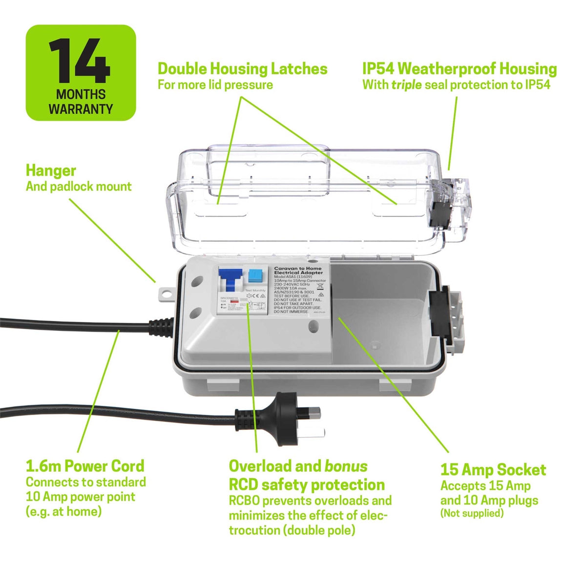 Ampsafe Caravan to Home Electrical Adapter RCD Protected ASA1
