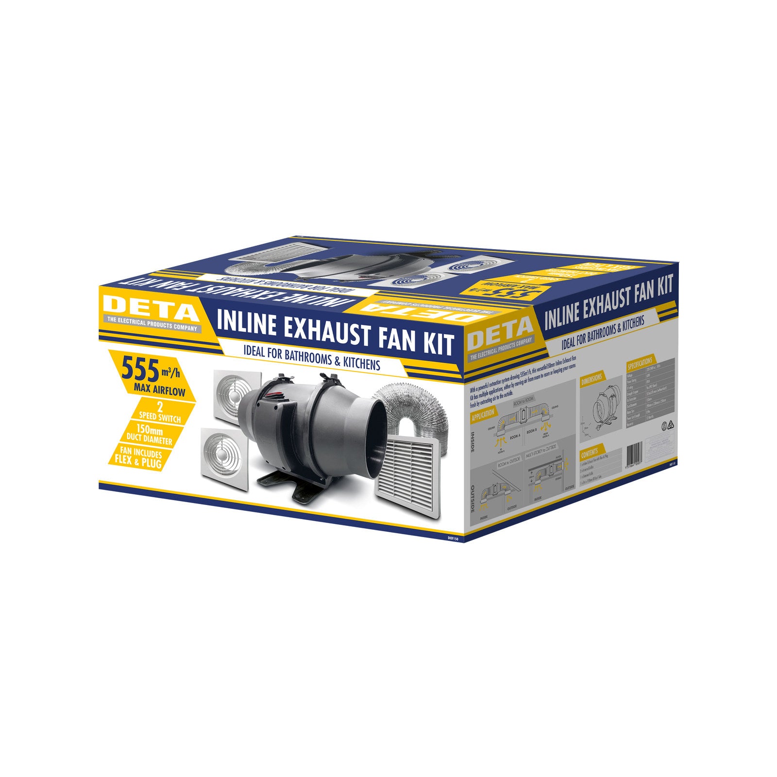 DETA 150mm Inline Exhaust Fan Kit 555m3/hr 60W Ceiling