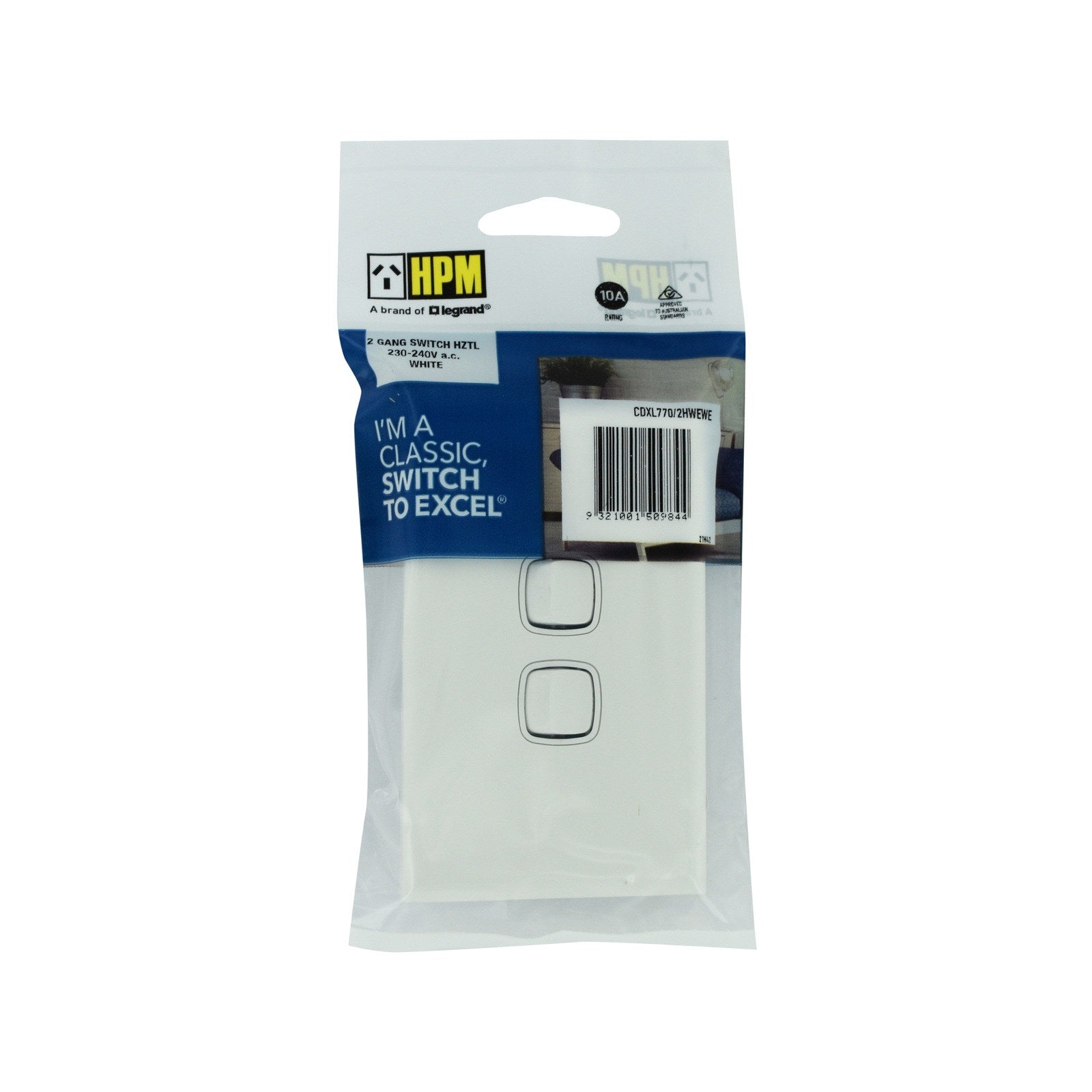 HPM Excel 2 Gang Horizontal 10A 240V Wall Switch White