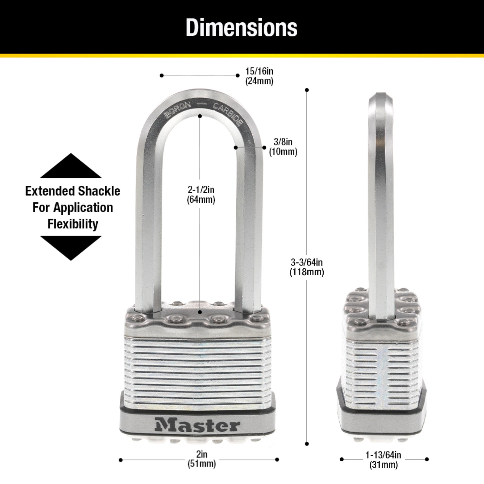 Master Lock 51mm Magnum Laminated Steel Padlock, 64mm Extra Long Shackle - 2 Pack