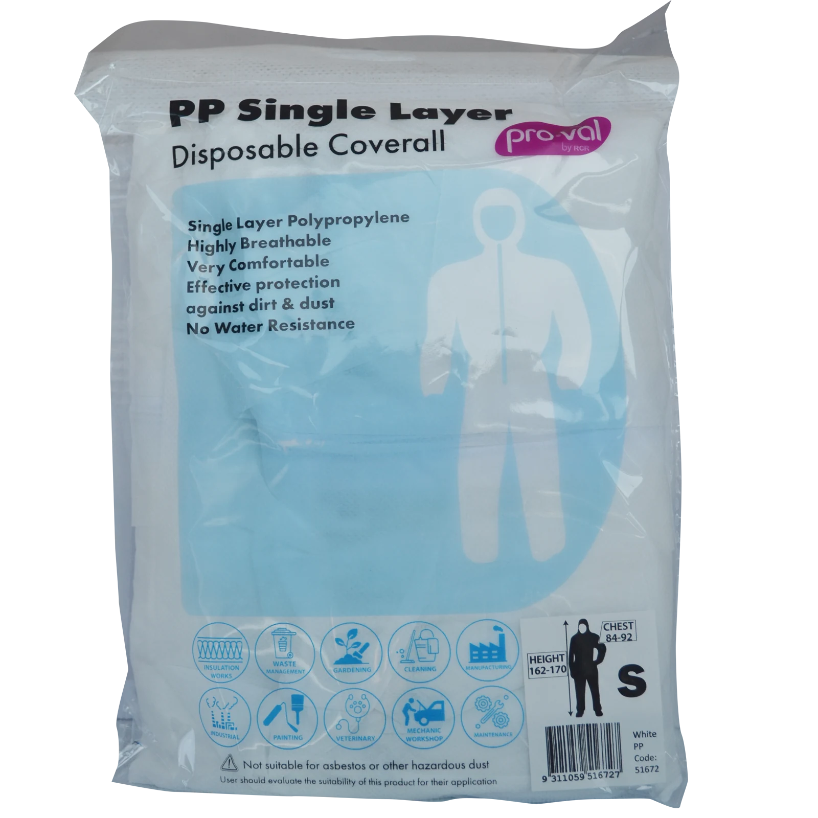Pro-Val PP Single Layer Disposable Coverall Small Dust Resistant Breathable