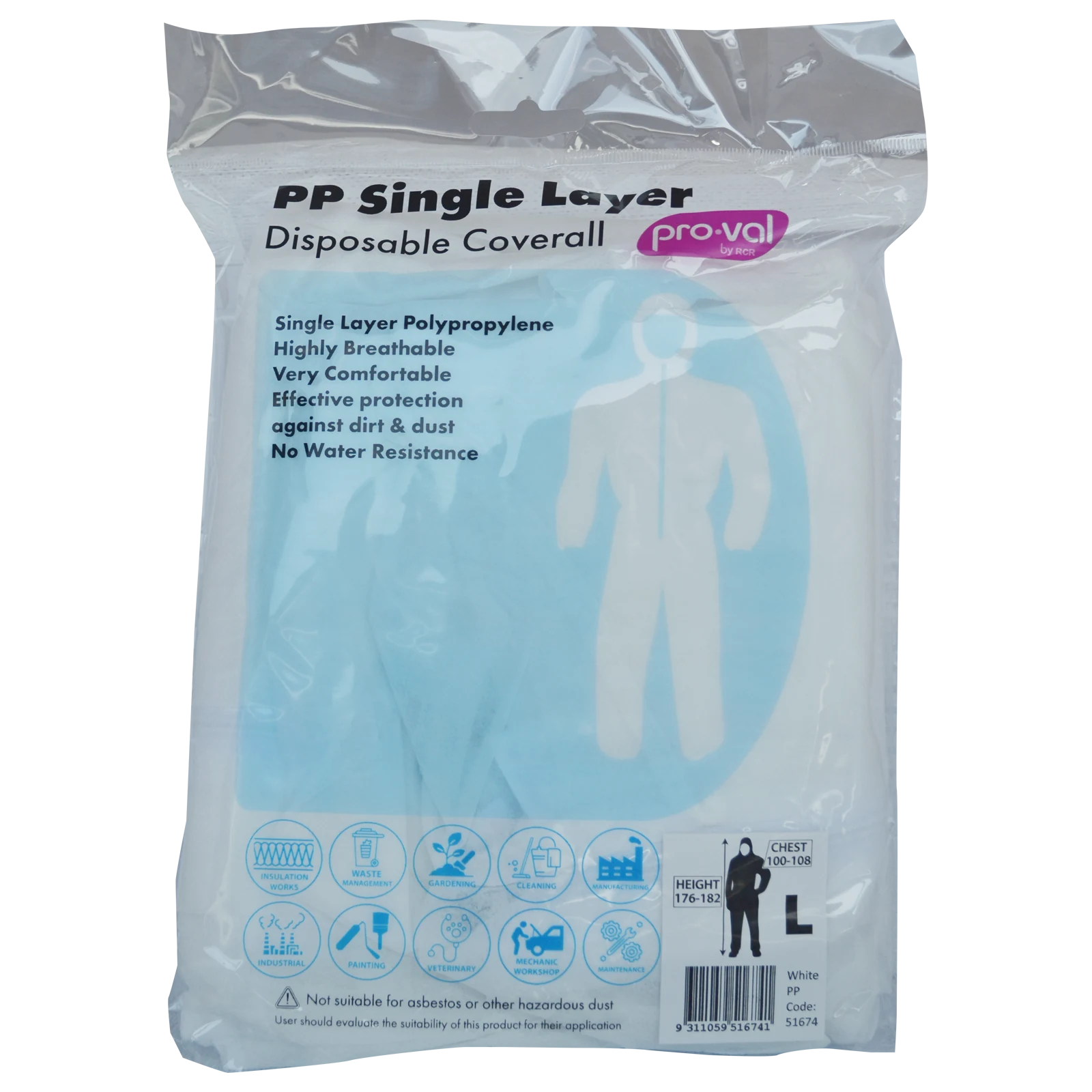 Pro-Val PP Single Layer Disposable Coverall Large Dust Resistant Breathable