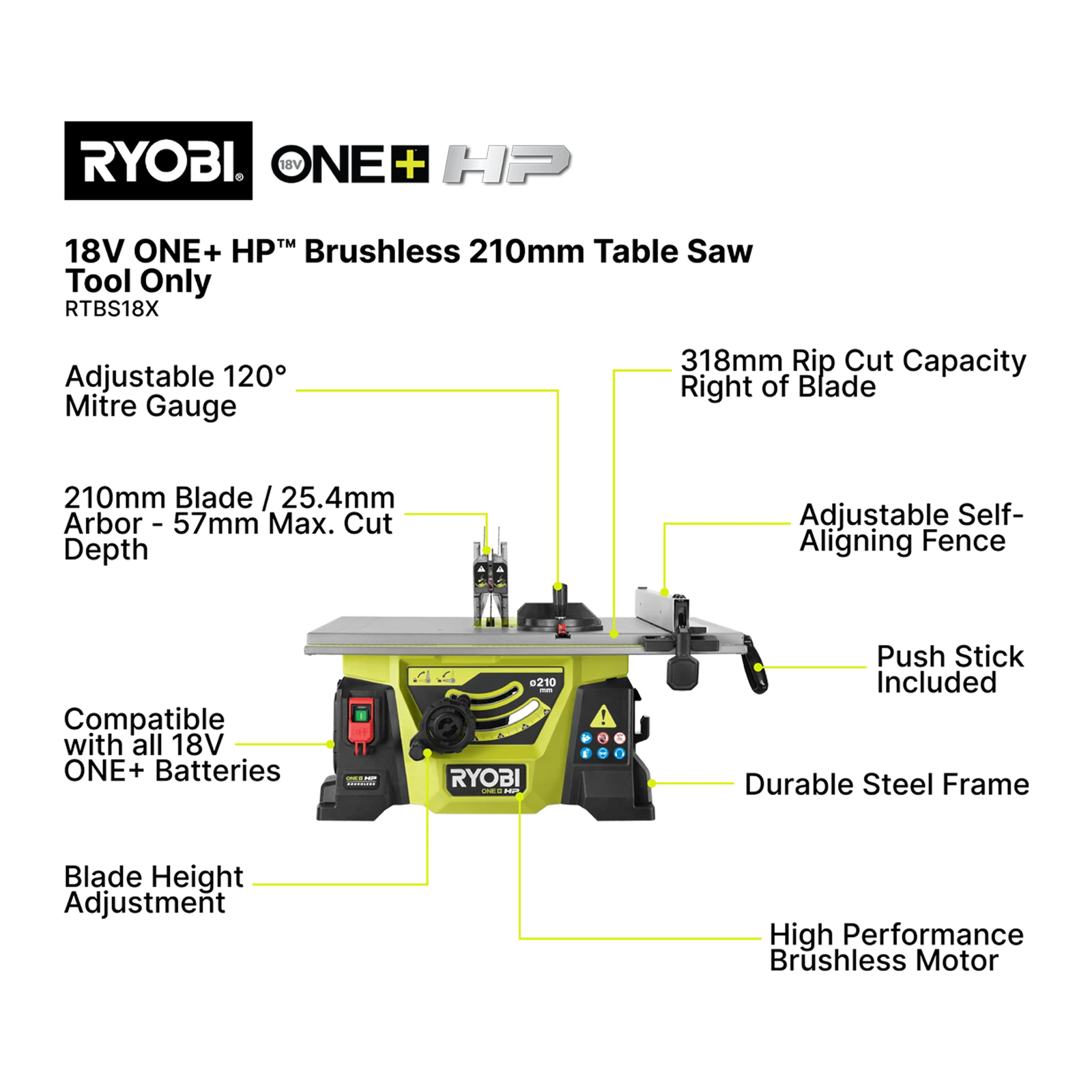 Ryobi One+ 18V HP Brushless 210mm Table Saw Tool Only RTBS18X