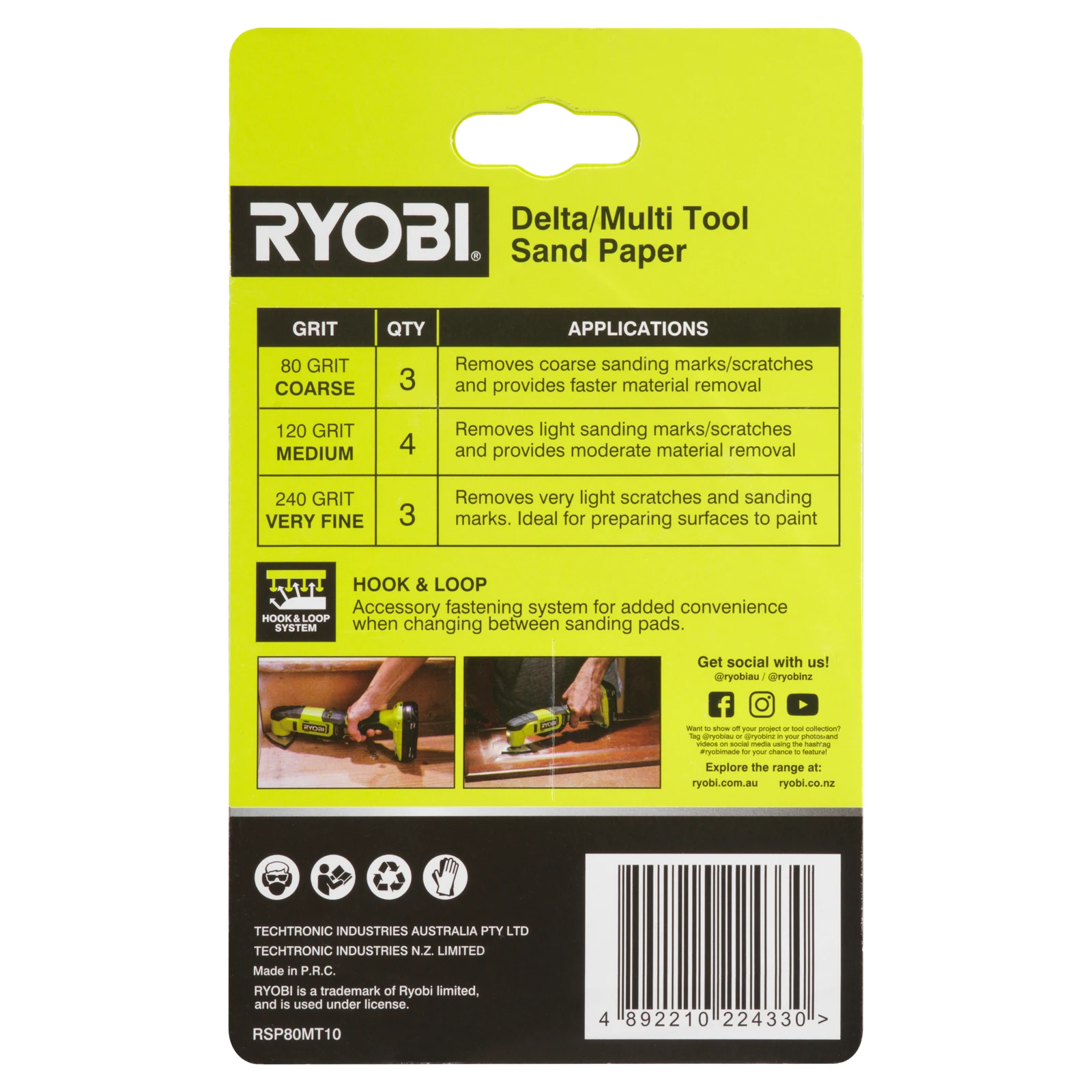Ryobi 10 Piece 80mm Delta Multi-Tool Sanding Set 80/120/240 Grit RSP80MT10