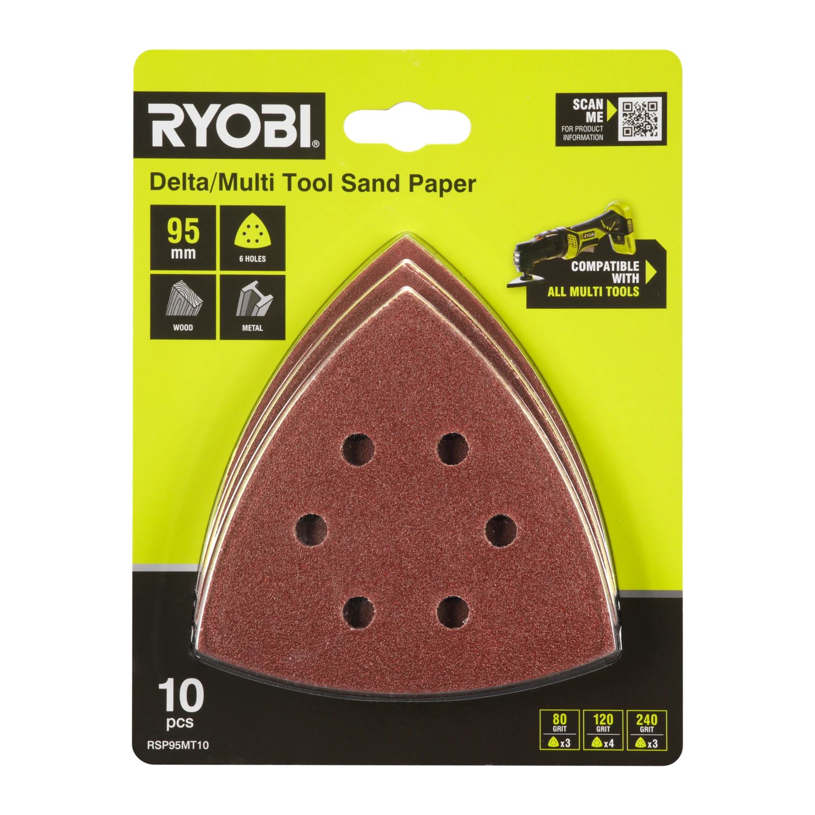 Ryobi 10 Piece 95mm Delta Multi-Tool Sanding Set 80/120/240 Grit RSP95MT10