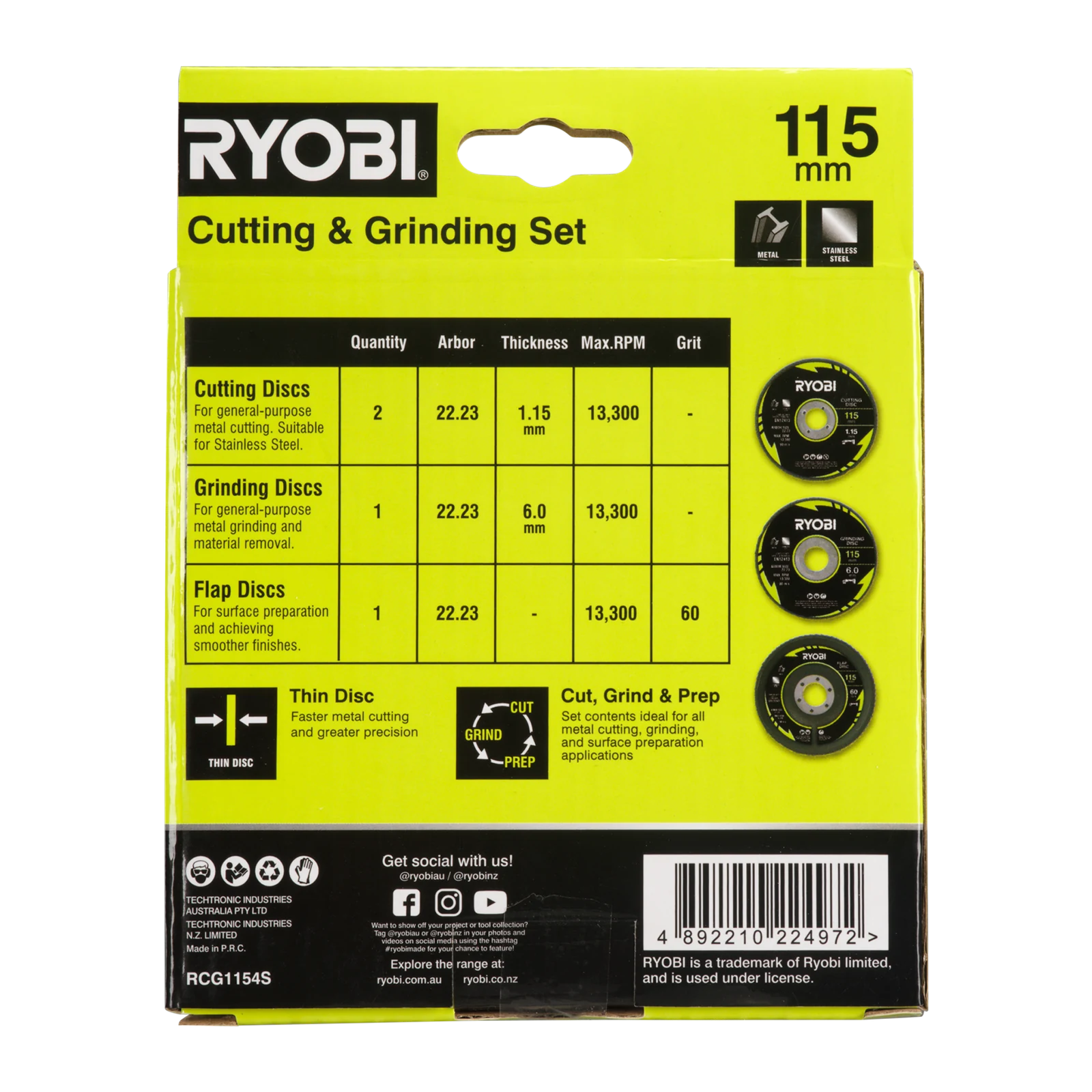 Ryobi 4 Piece 115mm Cutting and Grinding Set