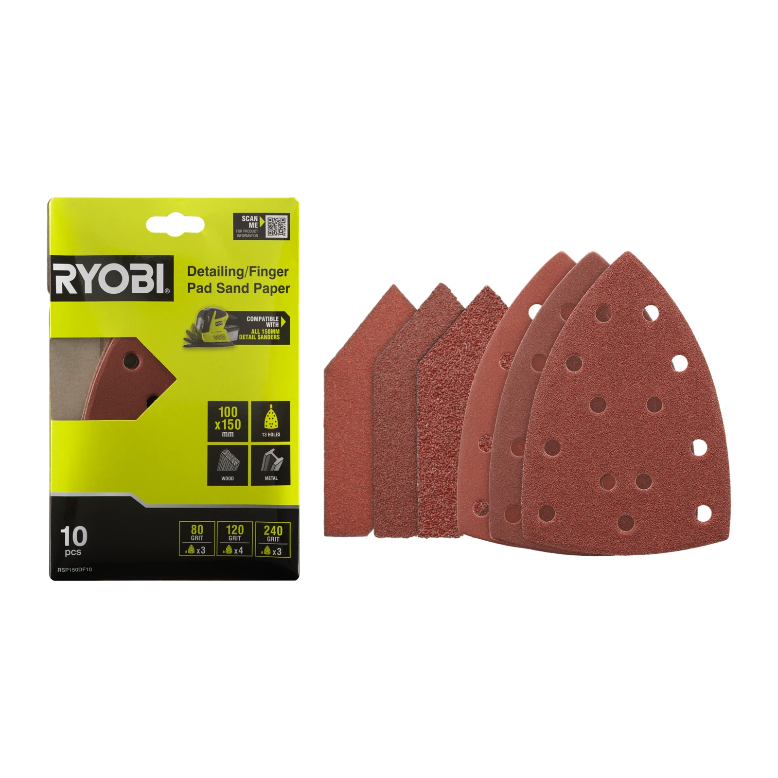 Ryobi 100 x 150mm Detail/Finger Sanding Set - 10 Piece (80/120/240 Grit)