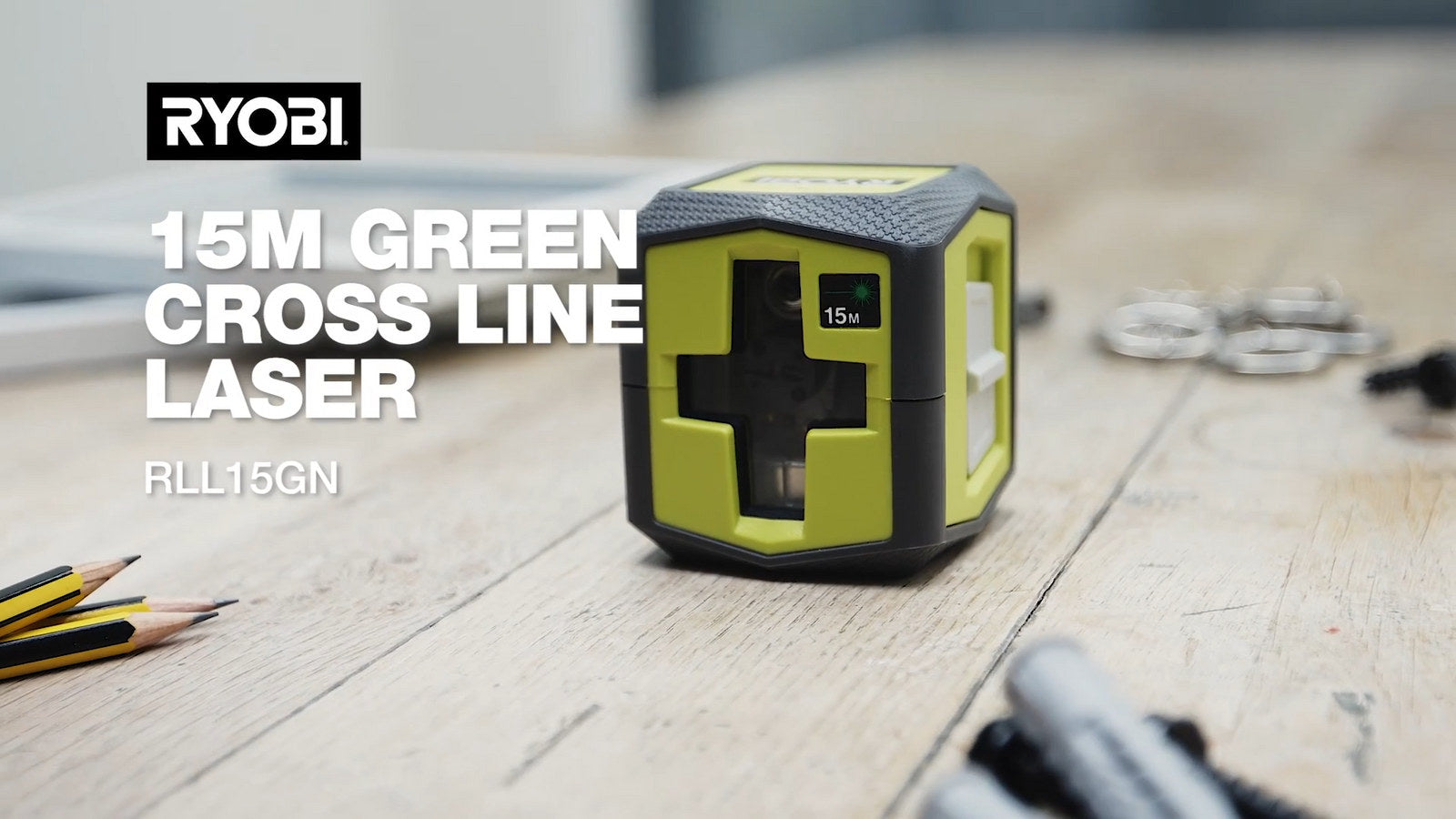 Ryobi 15m Green Cross Line Laser - Self-Levelling (RLL15GN)