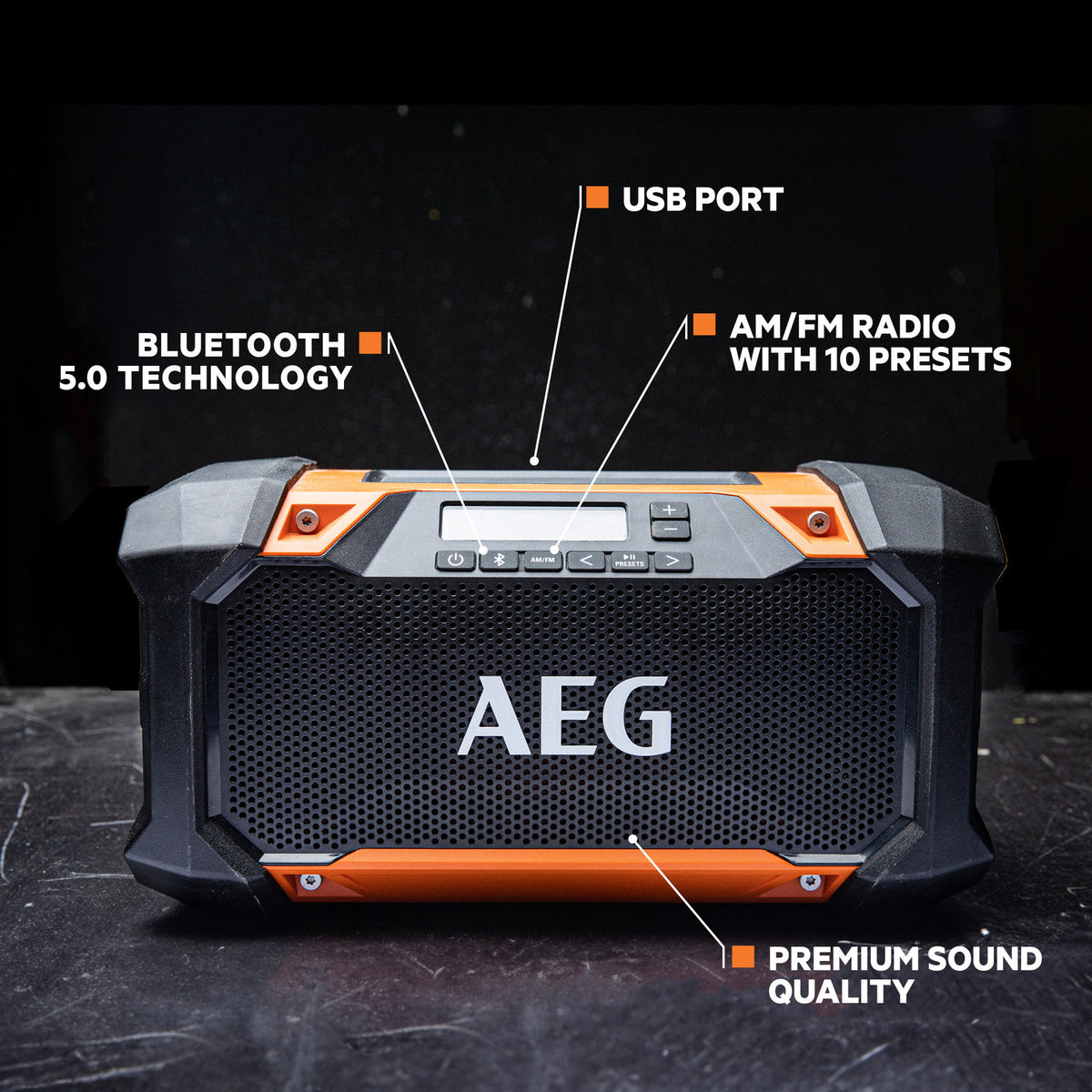AEG 18V/240V Dual Speaker Hybrid Radio, Bluetooth, Indoor/Outdoor A18DSR0
