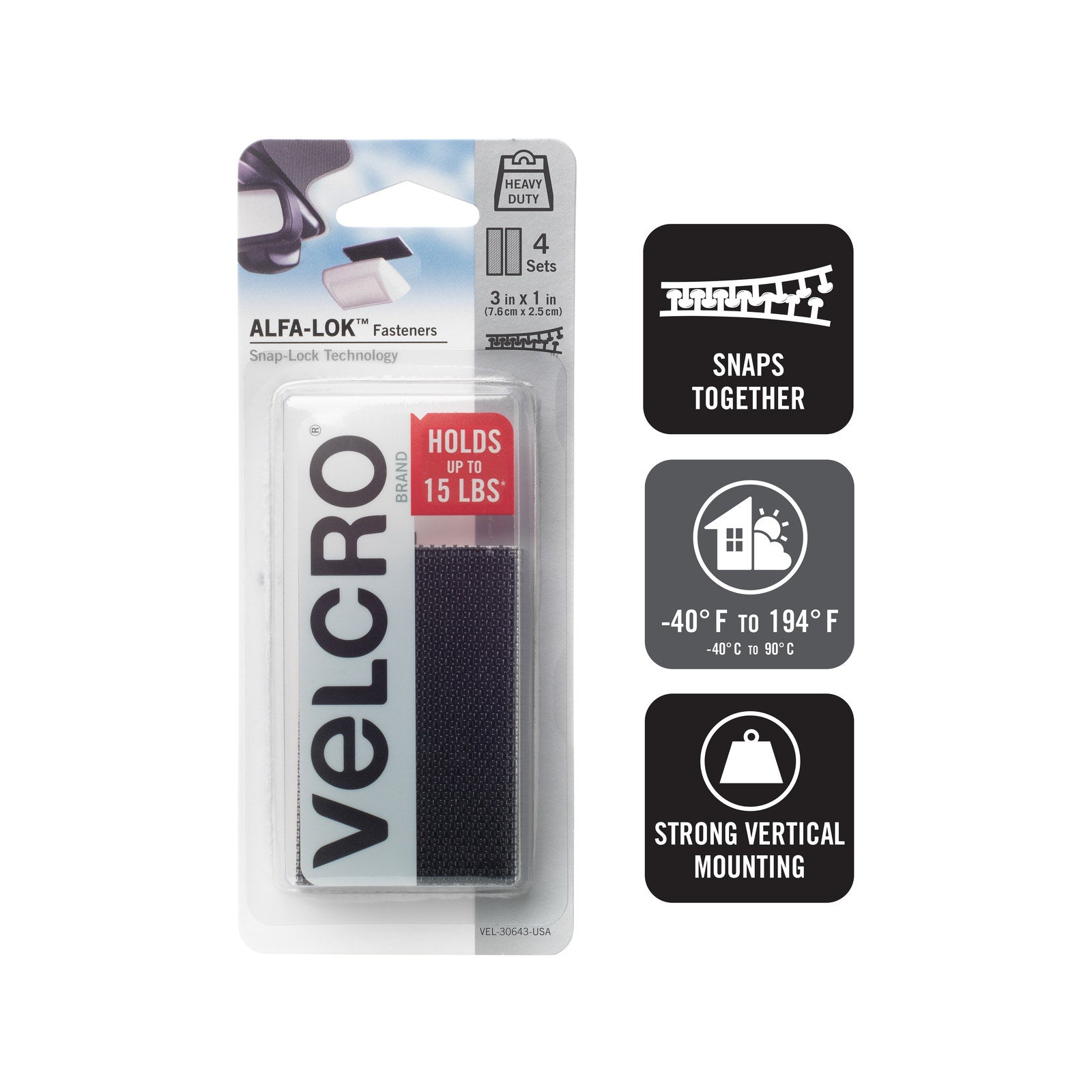Velcro 25mm x 76mm Black Alfa-Lok Hook and Loop Strips 4 Sets