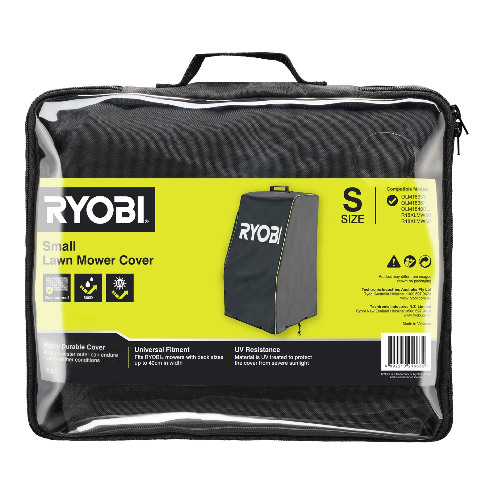 Ryobi Small Lawn Mower Cover, 600D Polyester, Water Resistant, Decks up to 40cm