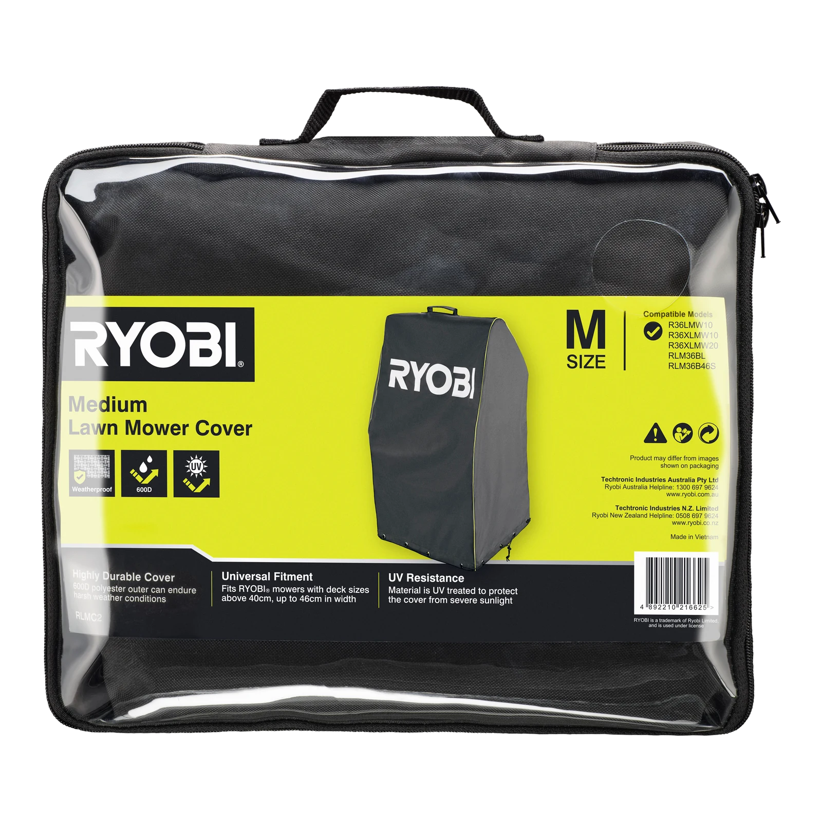 Ryobi Medium Lawn Mower Cover, 600D Polyester, Water Resistant, Decks 40-46cm