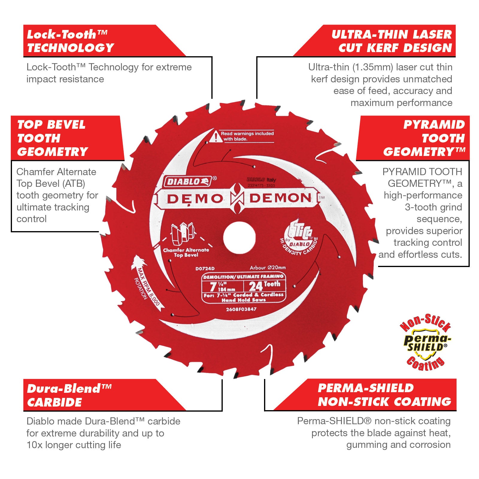 Diablo 184mm 24T Demo Demon Framing/Demolition Circular Saw Blade