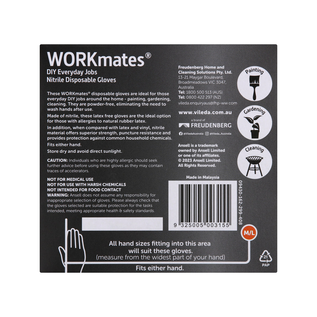 Vileda Ansell WORKmates Nitrile Disposable Gloves Medium/Large - 36 Pack