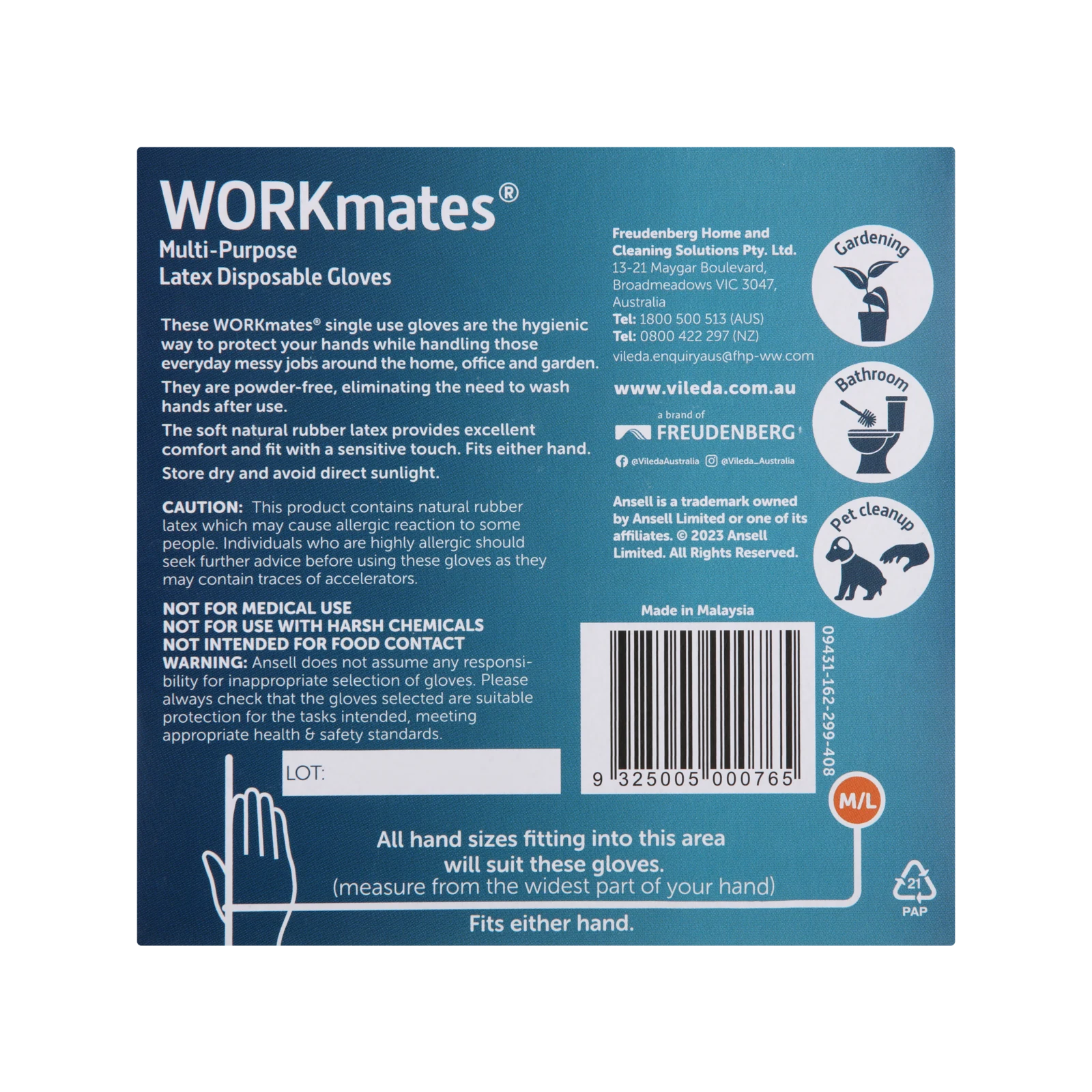 Vileda Ansell WORKmates Latex Disposable Gloves 36 Pack - Medium/Large