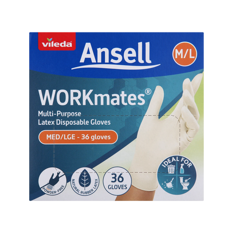 Vileda Ansell WORKmates Latex Disposable Gloves 36 Pack - Medium/Large