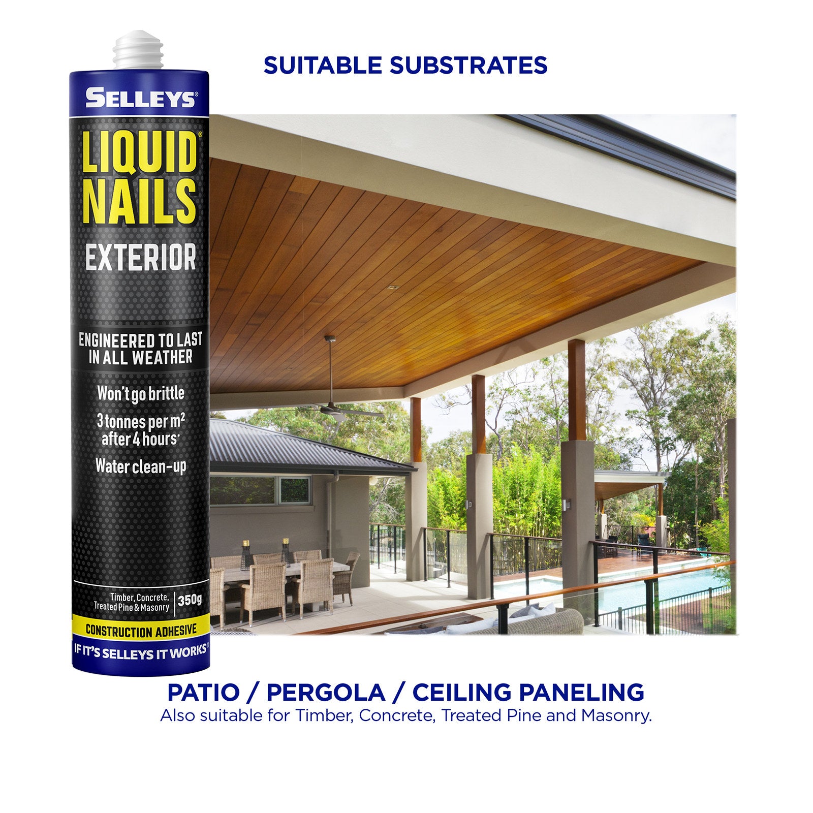 Selleys Liquid Nails Exterior Construction Adhesive, 350g, Weatherproof Outdoor