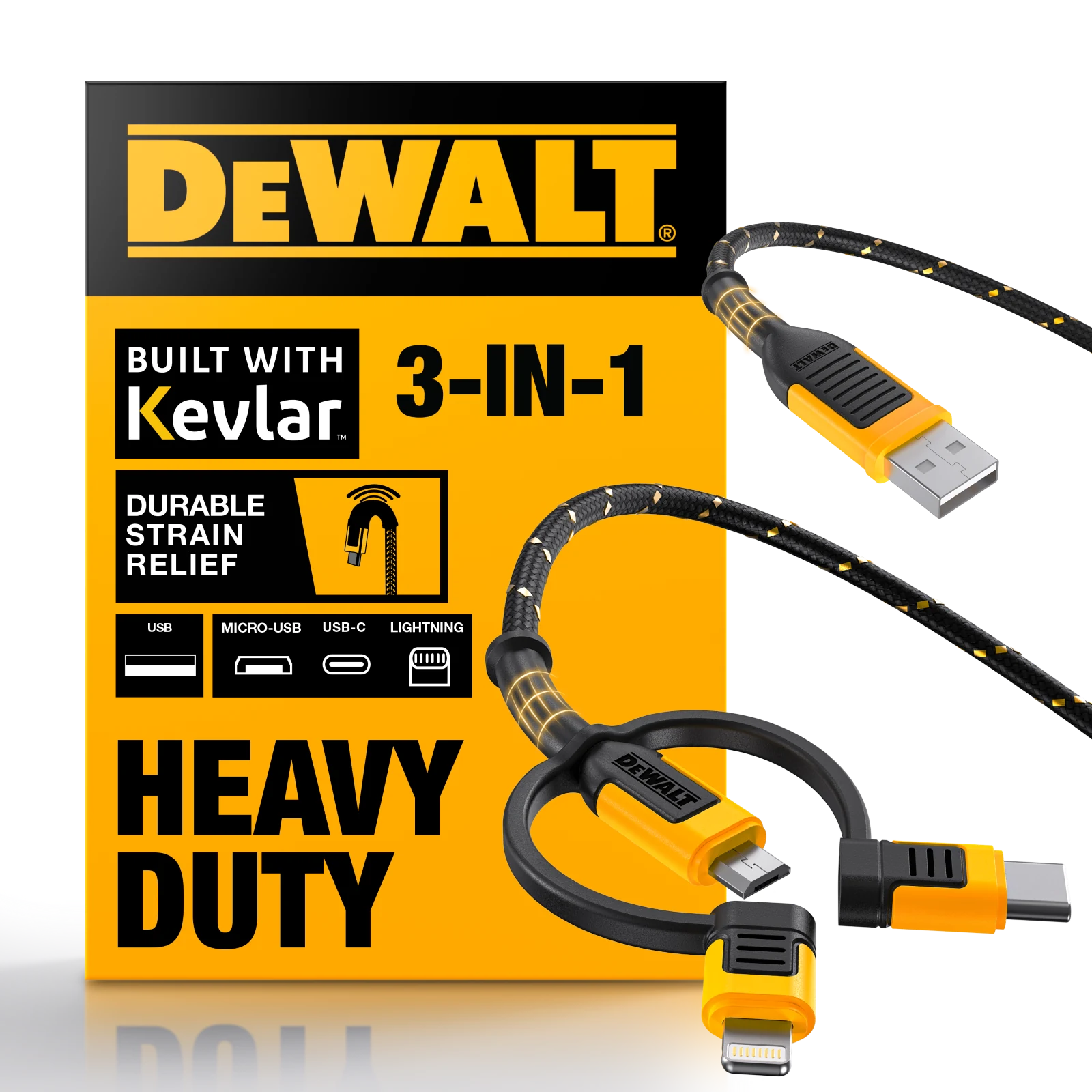 DeWALT 1.8m 3-in-1 Lightning, Type C & Micro-USB Kevlar Charging Cable