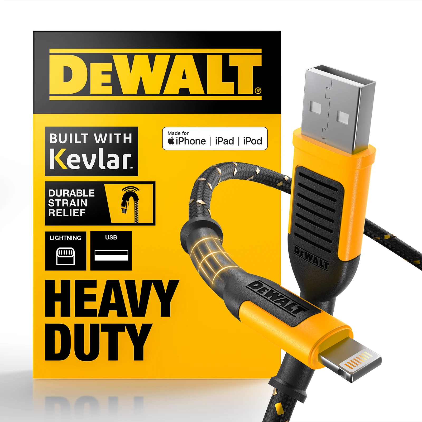 DeWALT 1.8m Lightning to USB Charging Cable, Kevlar Reinforced 1311325DWE