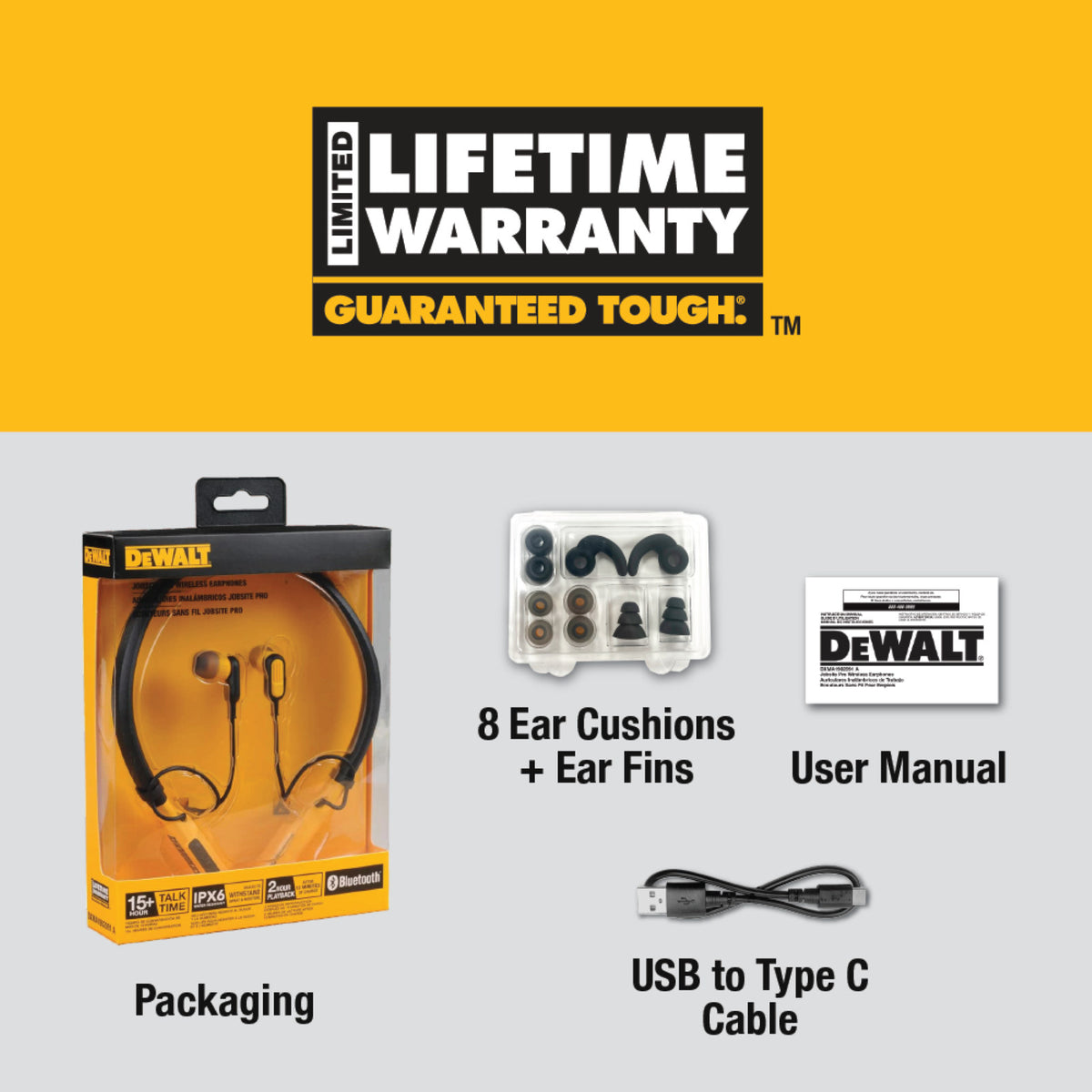 DeWALT Wireless Jobsite Pro Bluetooth Neckband Earphones, IPX6 1902091DWE