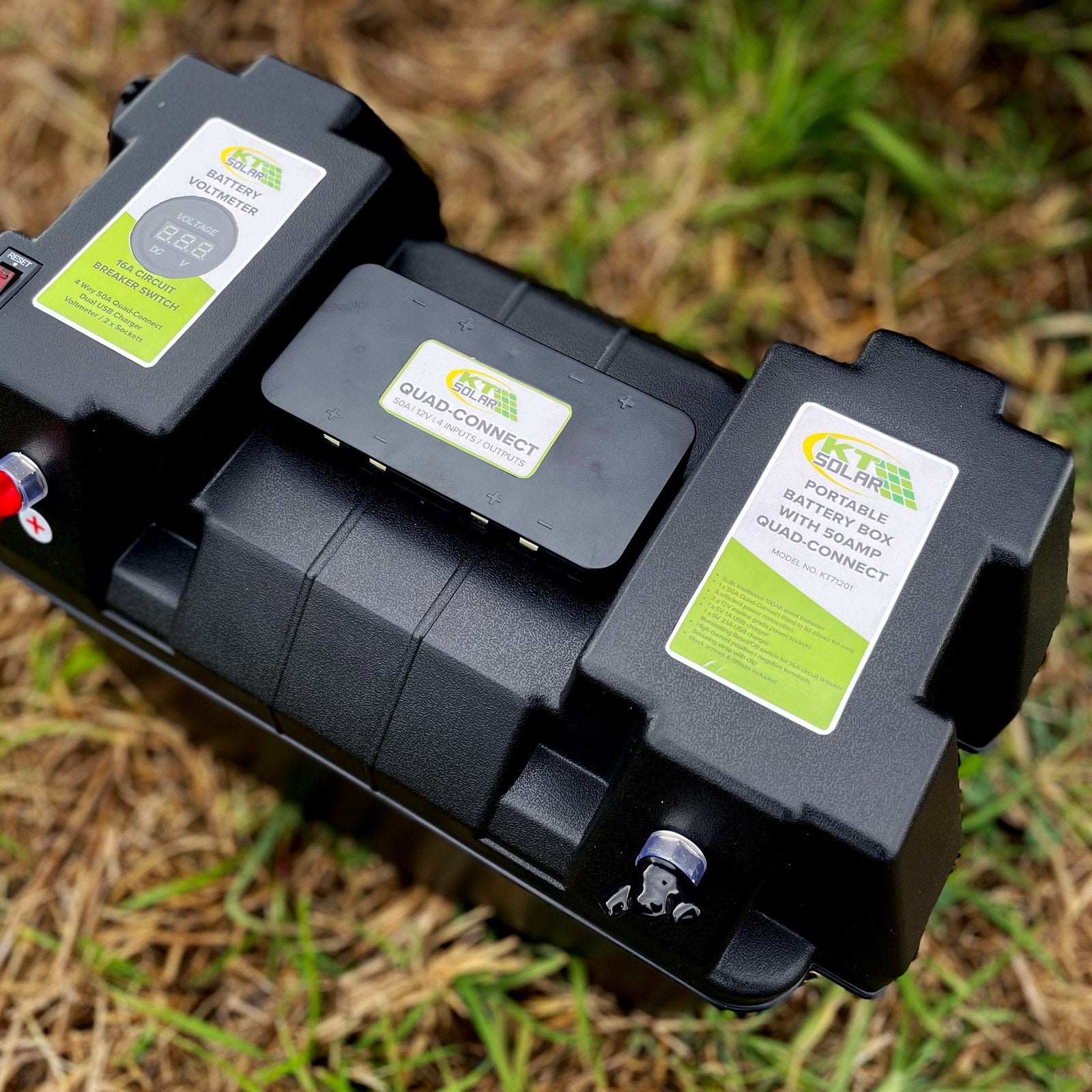 KT Solar Portable Battery Box with 50A Quad-Connect & 12V Sockets, LED Voltmeter