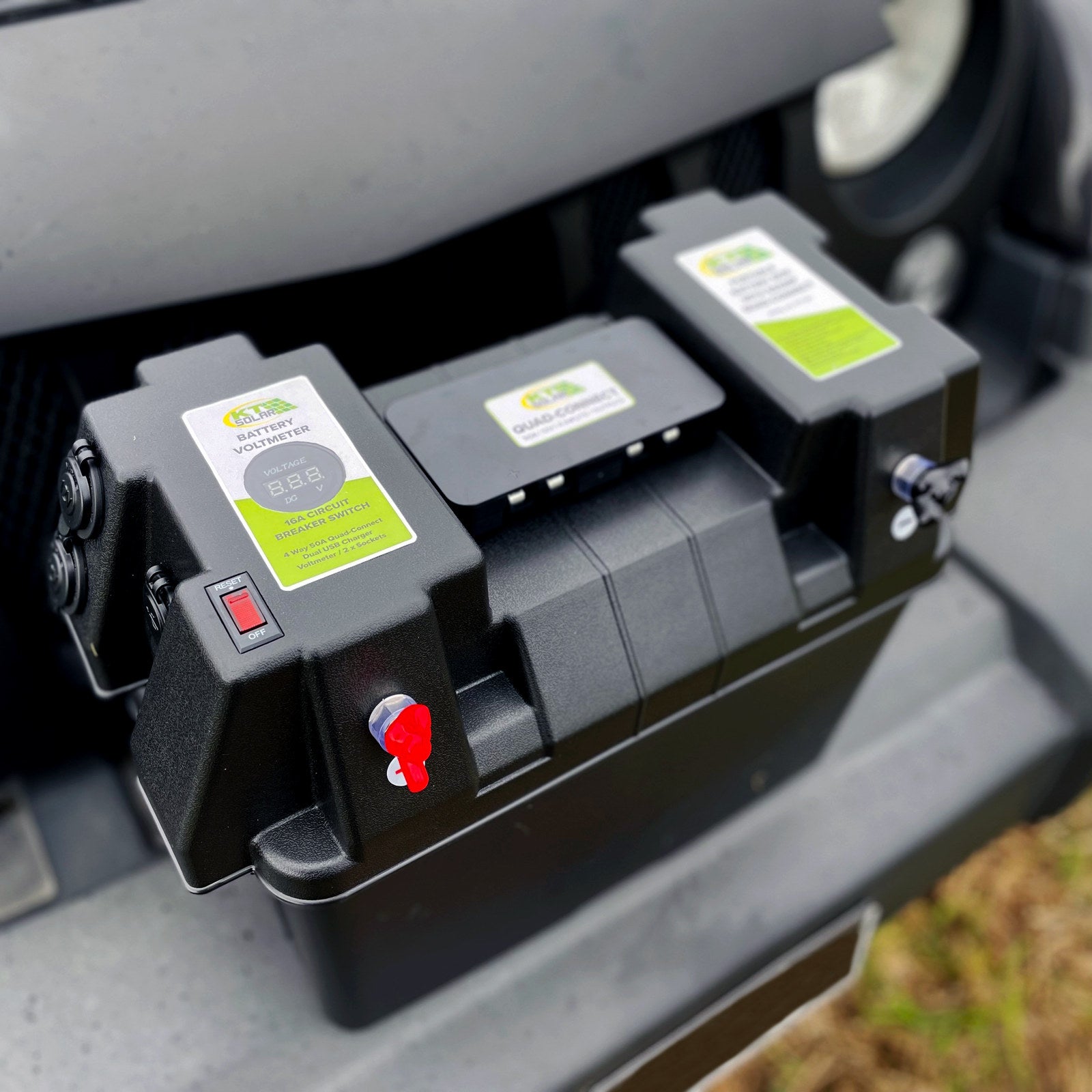 KT Solar Portable Battery Box with 50A Quad-Connect & 12V Sockets, LED Voltmeter
