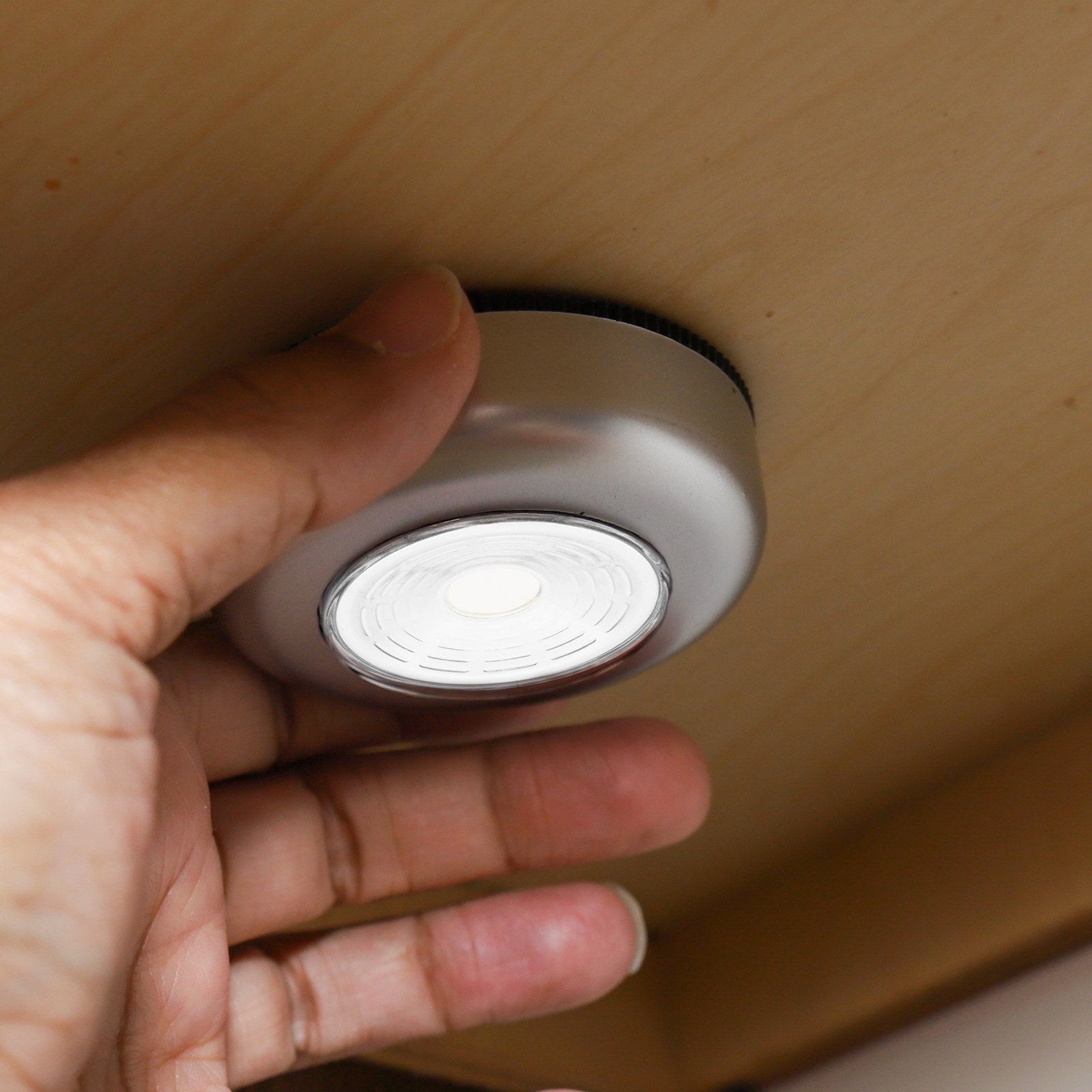 Click Silver LED Puck Lights 4 Pack, Cordless Push-On, Indoor, Self-Adhesive