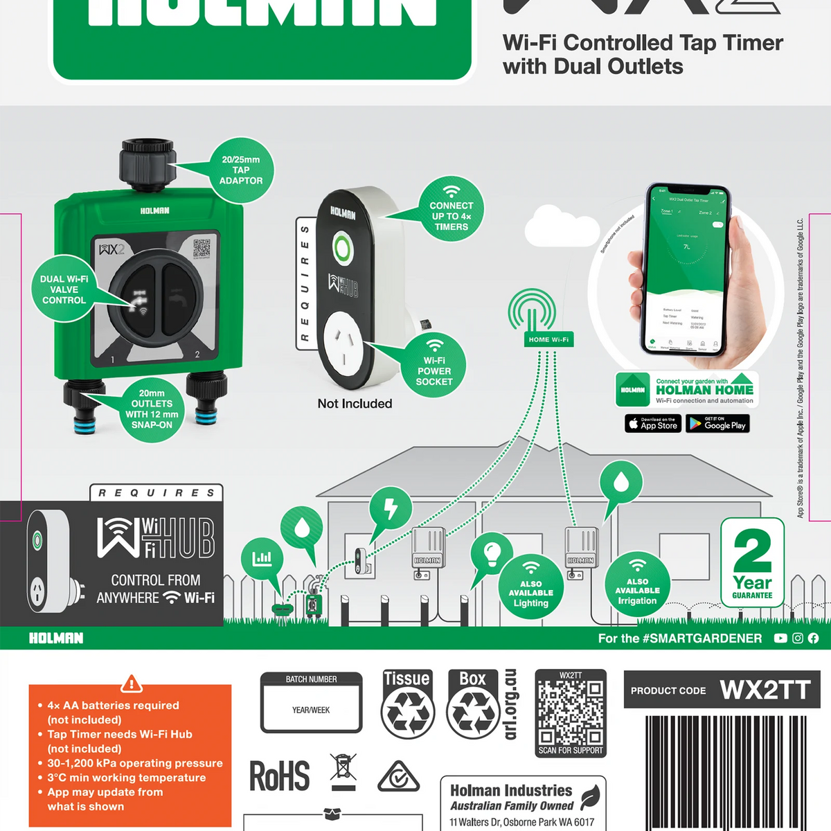 Holman WX2 Dual Outlet Tap Timer - 2 Zone, Cordless, Programmable with Auto Shut-Off