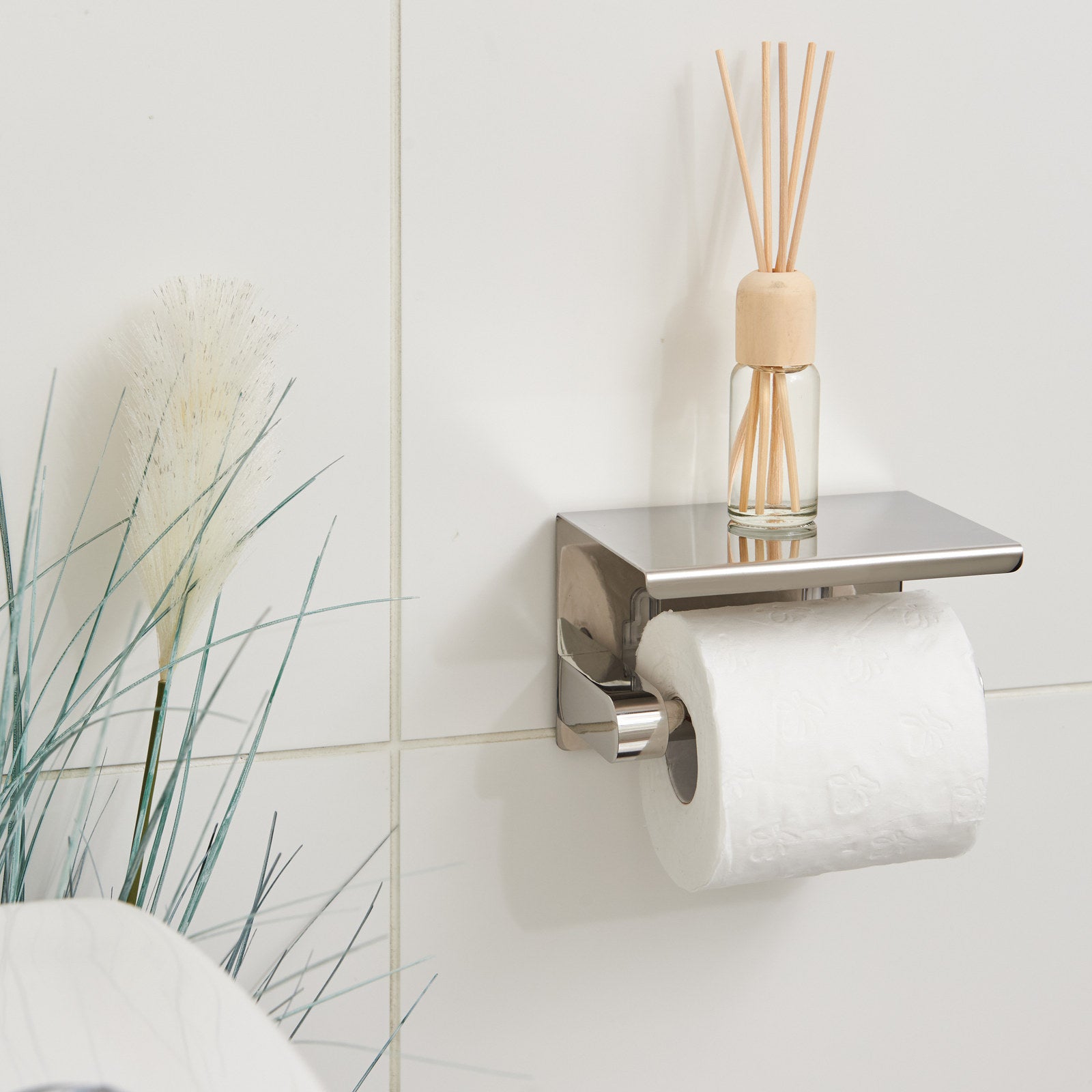 Naleon Adhesive Stainless Steel Toilet Roll Holder with Shelf, Chrome