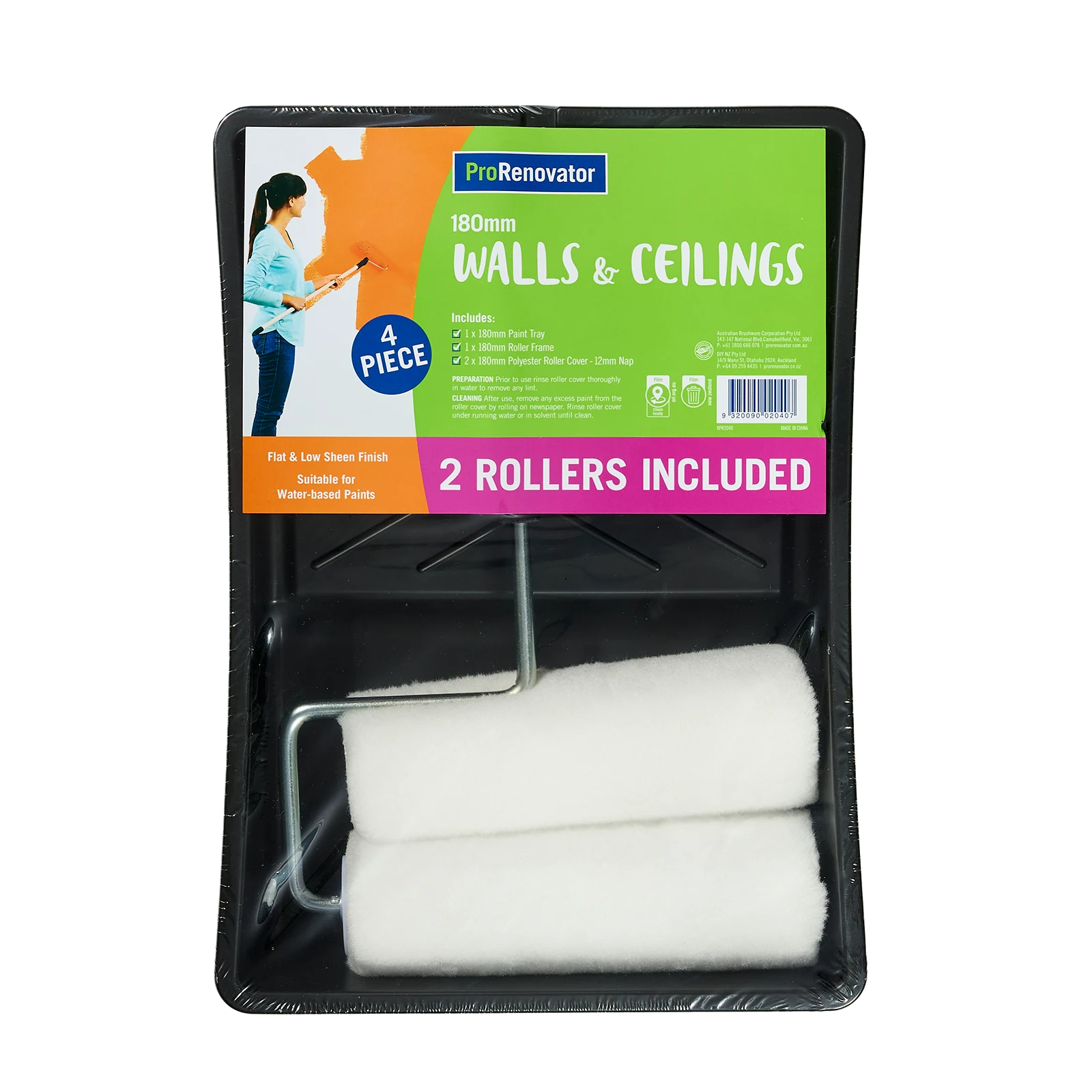 ProRenovator 180mm Walls & Ceilings Roller Kit 4 Piece 2 Rollers 12mm Nap