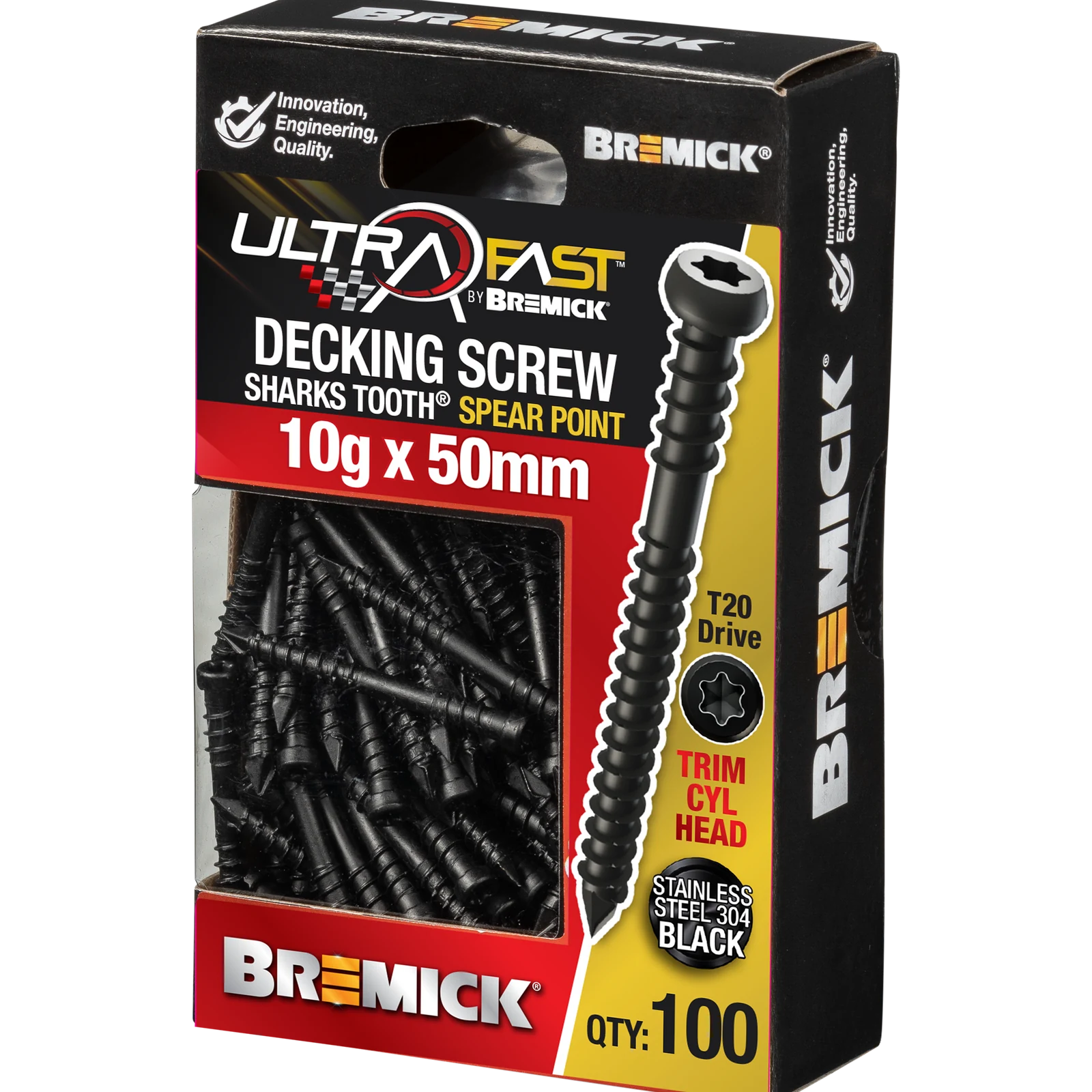 Bremick 10G x 50mm Black Stainless Steel 304 T20 Trim Head Decking Screws - 100 Pack