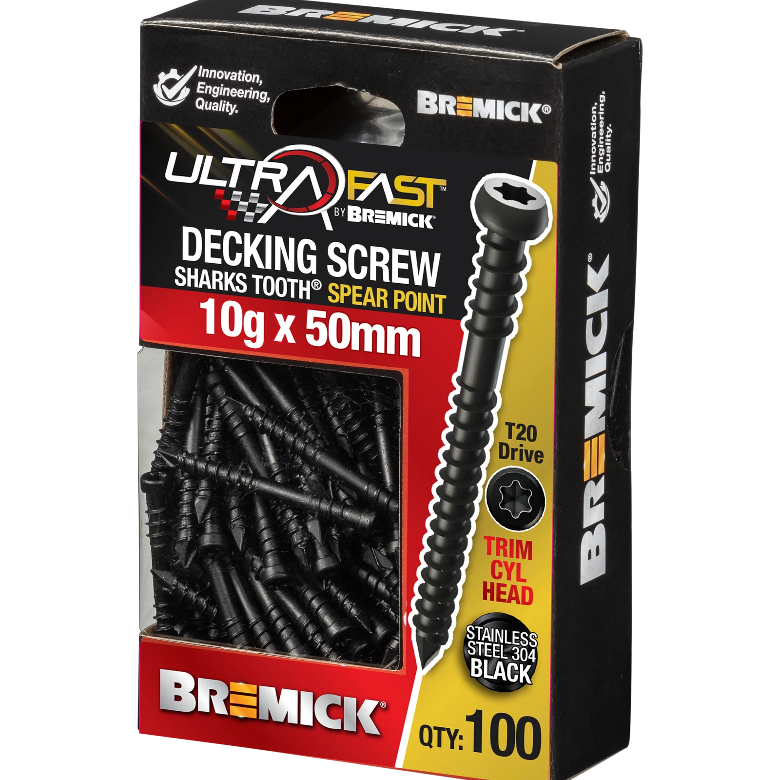 Bremick 10G x 50mm Black Stainless Steel 304 T20 Trim Head Decking Screws - 100 Pack