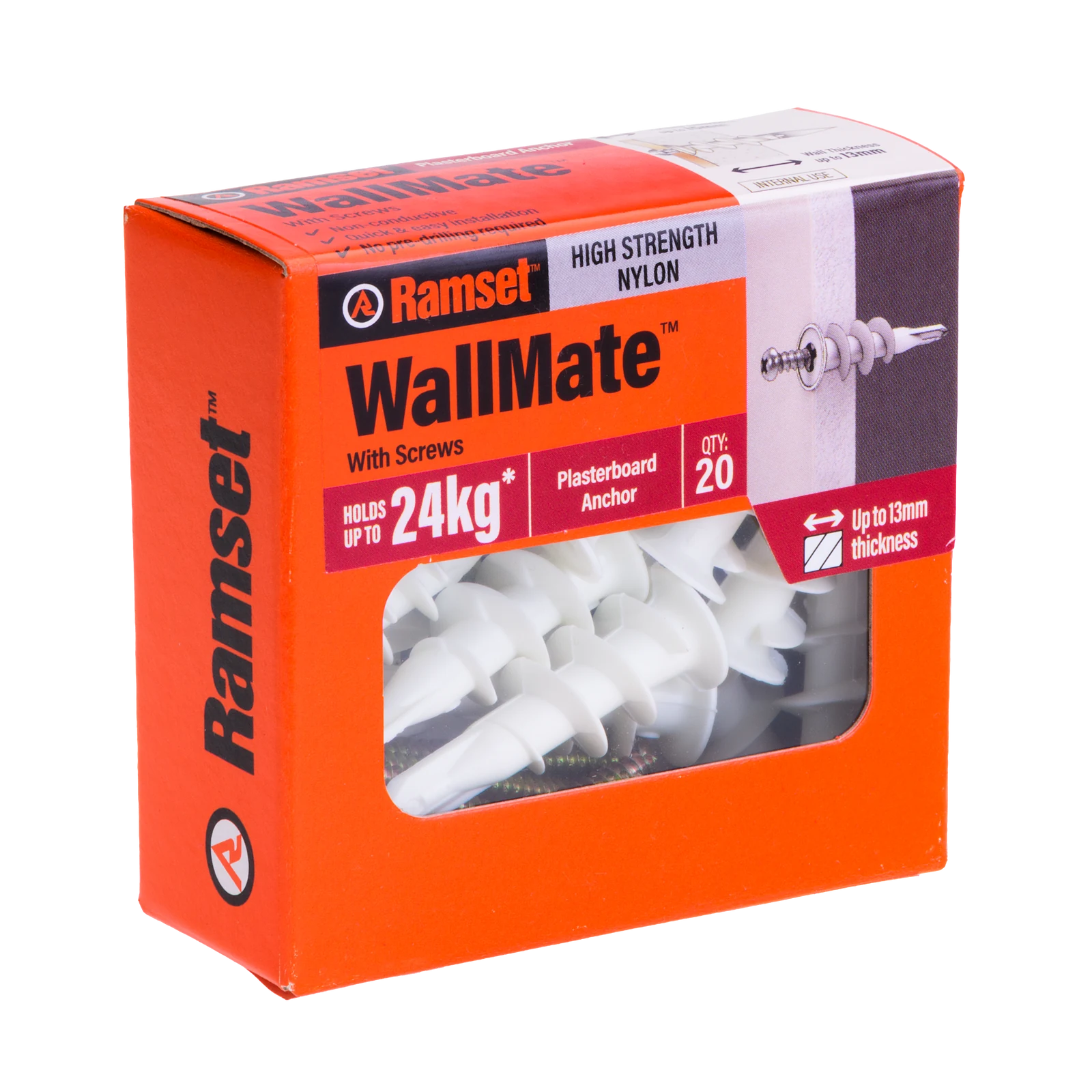 Ramset Nylon WallMate Plasterboard Anchor with Screws - 20 Pack, 24kg Hold