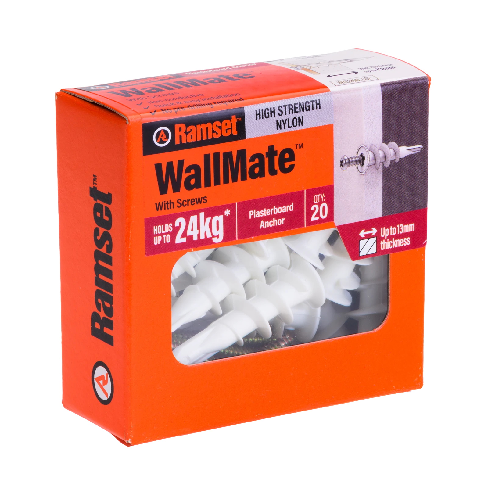 Ramset Nylon WallMate Plasterboard Anchor with Screws - 20 Pack, 24kg Hold