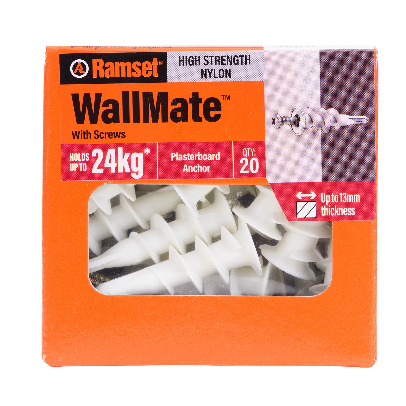 Ramset Nylon WallMate Plasterboard Anchor with Screws - 20 Pack, 24kg Hold